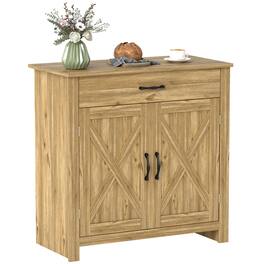 Homcom - Sideboard Cabinet with Barn Doors Kitchen Buffet Cabinet with Drawer and Adjustable Shelf Stone - Natural Wood