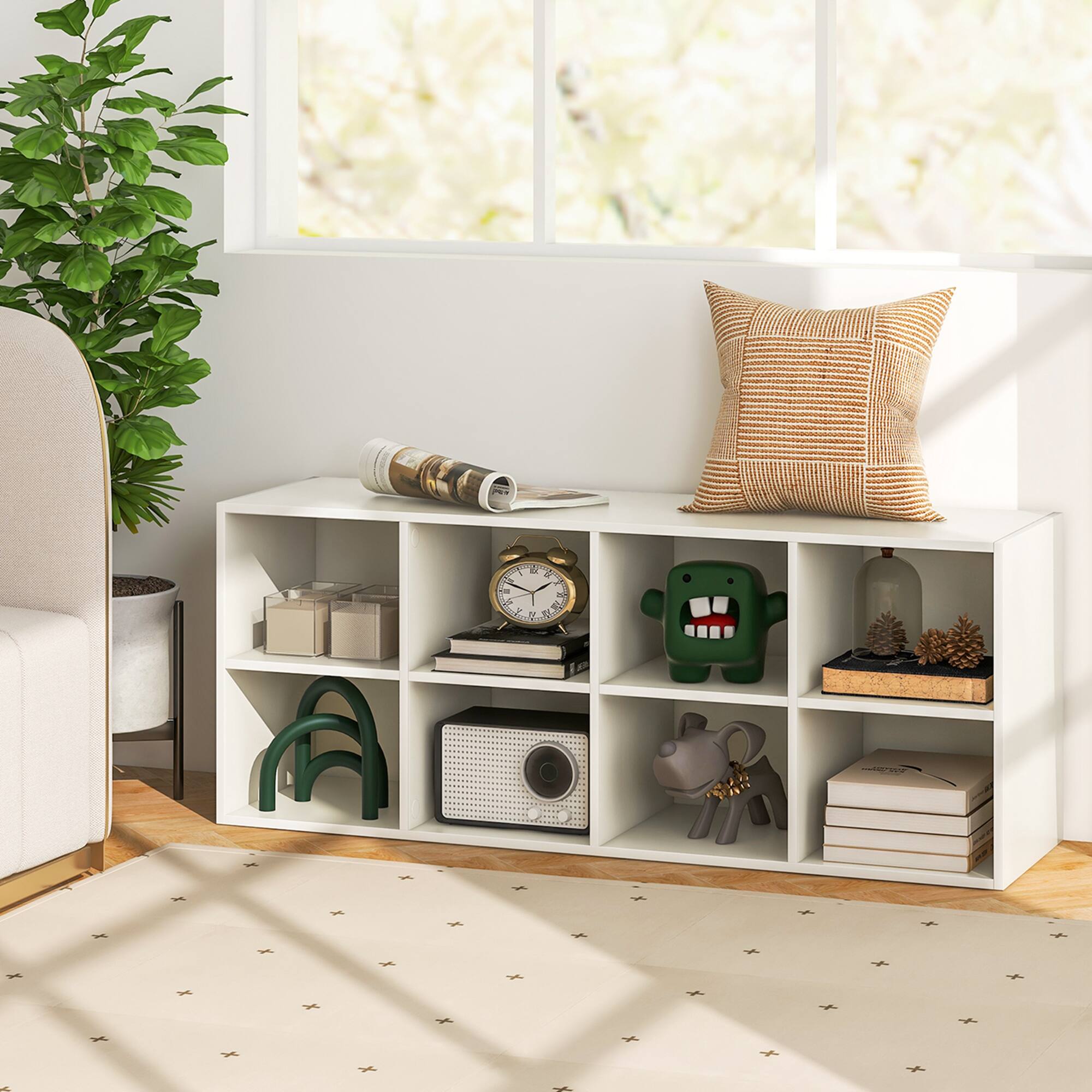 Alt View 13. Costway - 8 Cubbies Shoe Bench with 500 LBS Weight Capacity Cubby Shoe Rack Storage Cabinet White - White.
