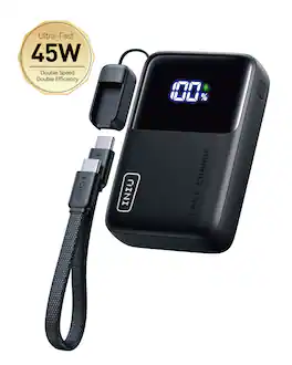 INIU - Portable Charger, Market's Smallest 10000mAh PD 45W Power Bank with Layout USB-C Cable for iPhone, Samsung, Pixel etc - Black