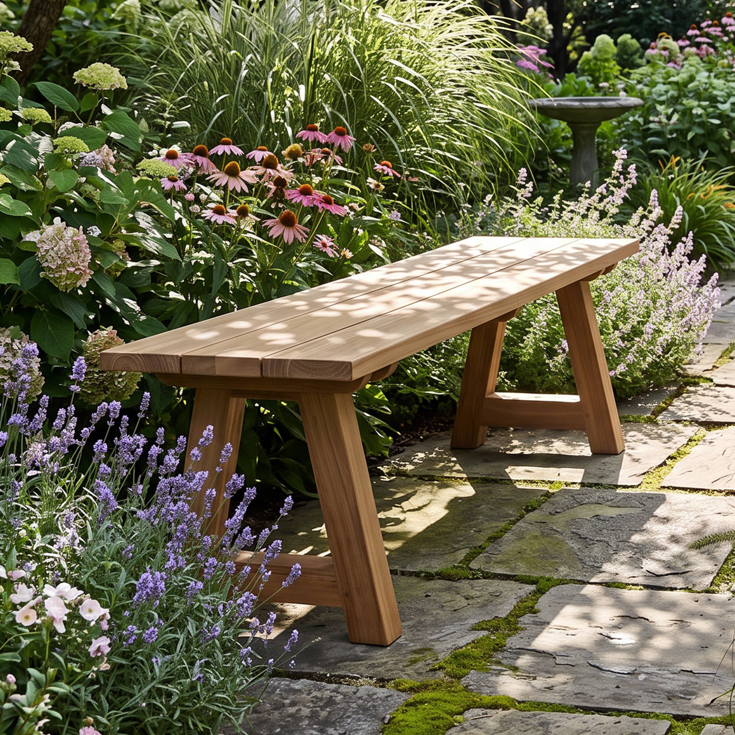 Alt View 7. Sunnydaze - Wooden Teak Trestle Outdoor Bench for Patio, 60” L, Rustic, Brown - Brown.