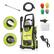The image features a green pressure washer with a hose and various attachments, including a brush and a wheel rim brush. The pressure washer is designed for cleaning and maintaining different surfaces, such as driveways, sidewalks, and decks. The attachments allow for versatile cleaning options, making it a practical and efficient tool for homeowners and professionals alike.