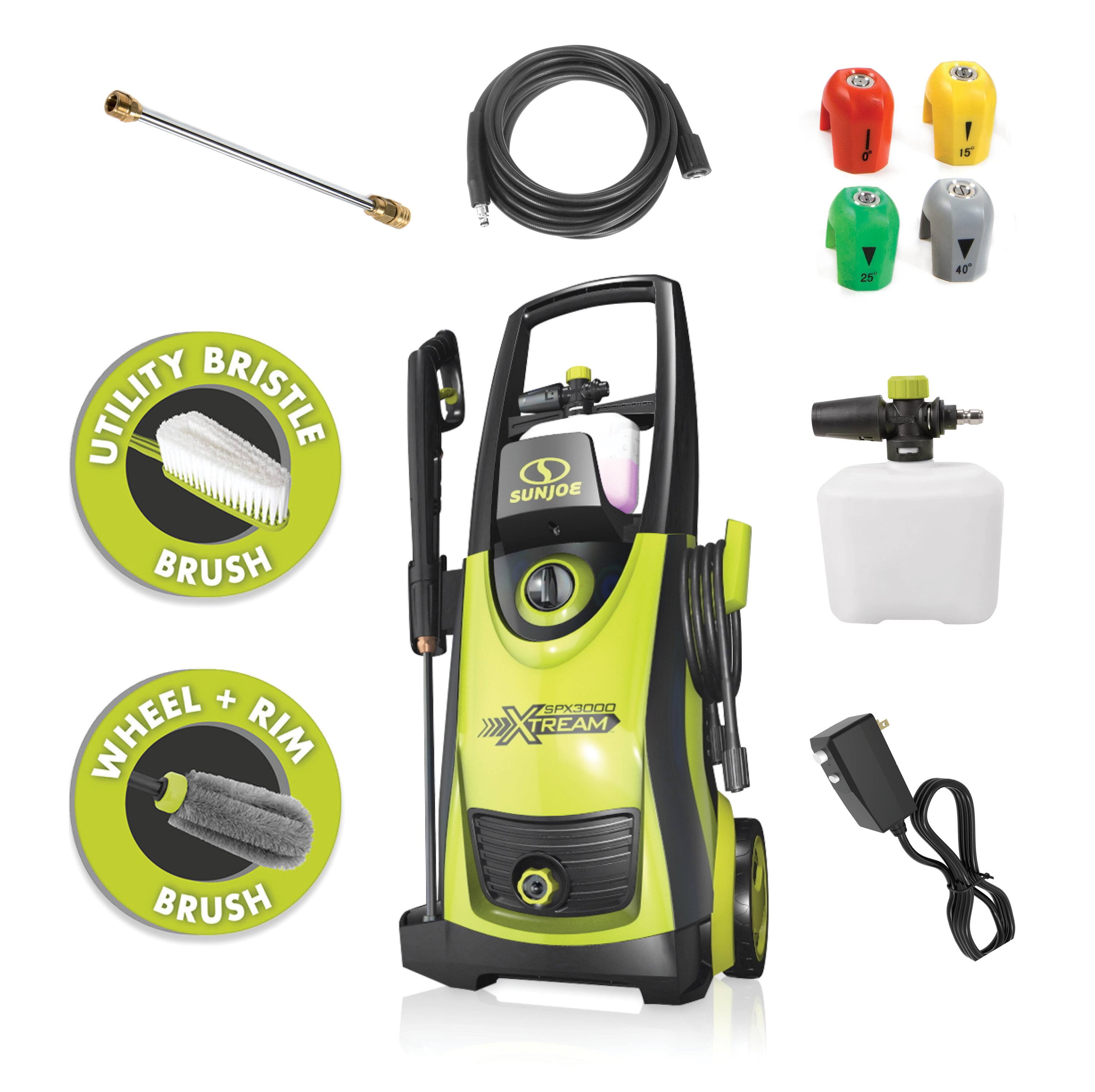 The image features a green pressure washer with a hose and various attachments, including a brush and a wheel rim brush. The pressure washer is designed for cleaning and maintaining different surfaces, such as driveways, sidewalks, and decks. The attachments allow for versatile cleaning options, making it a practical and efficient tool for homeowners and professionals alike.