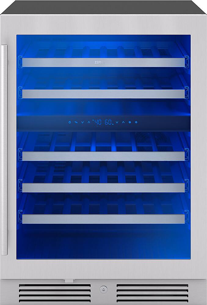 Angle. Zephyr - Presrv 24 in. 45-Bottle Built in/Freestanding Wine Cooler with Dual Temperature Zone and Reversible Door - Stainless Steel + Glass.