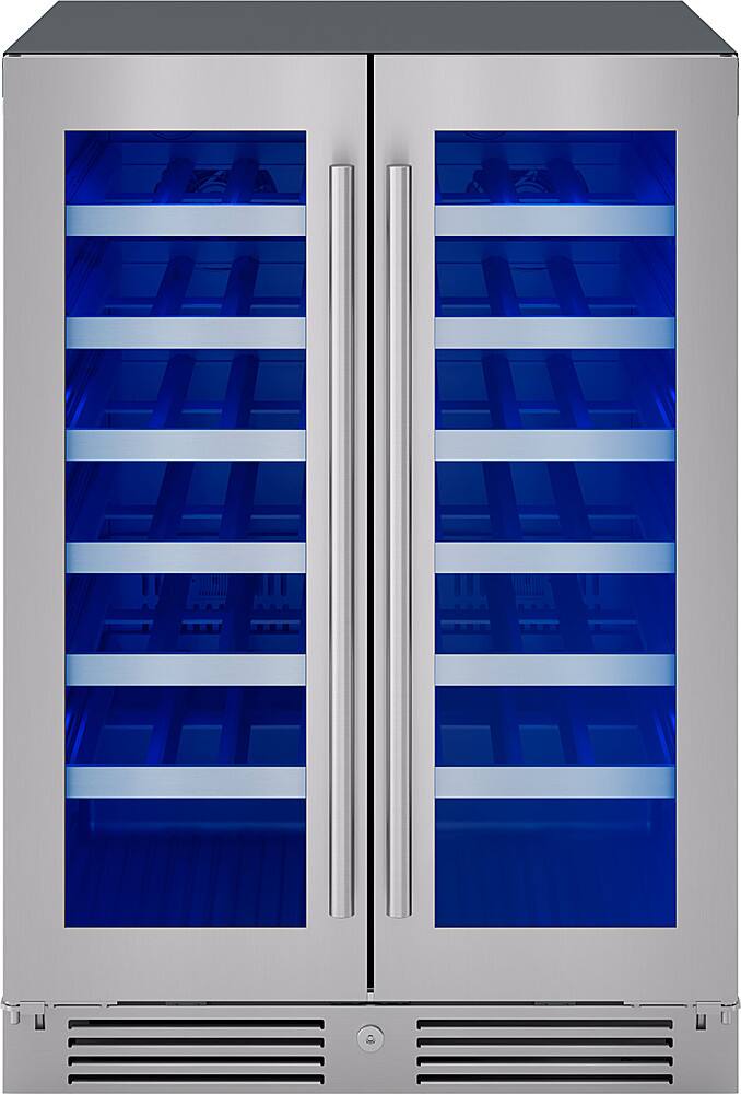 Angle. Zephyr - Presrv 24 in. 42-Bottle Built in/Freestanding Wine Cooler with Dual Temperature Zone and French Doors - Stainless Steel + Glass.