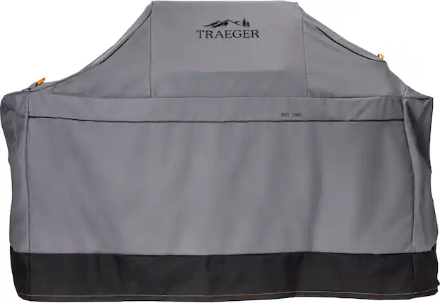 Angle. Traeger Grills - Full Length Grill Cover - Ironwood - Gray.