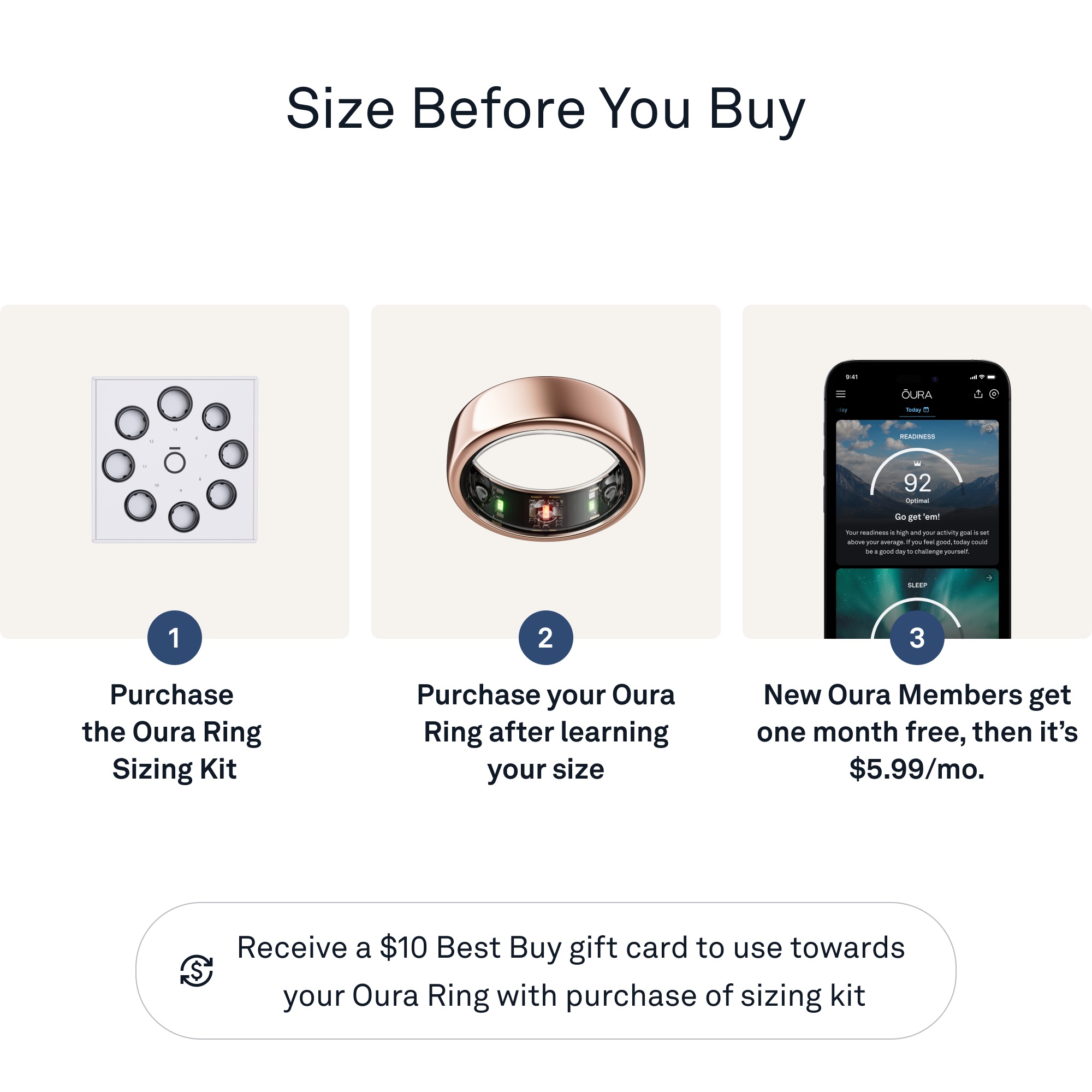Size Before You Buy:
1. Purchase the Oura Ring Sizing Kit
2. Purchase your Oura Ring after learning your size
3. New Oura Members get one month free, then it's $5.99/mo.
4. Receive a $10 Best Buy gift card to use towards your Oura Ring with purchase of sizing kit.