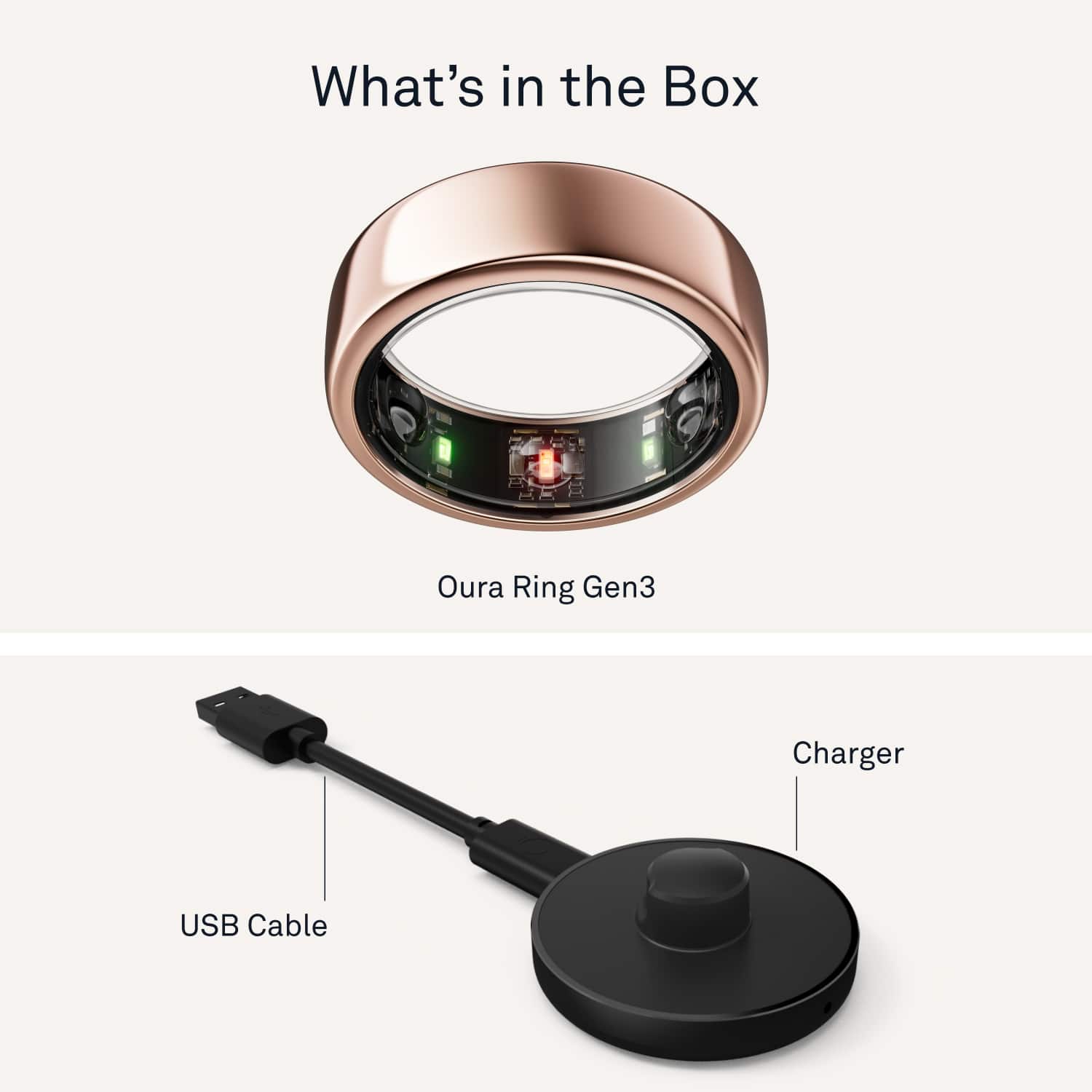 The image features a ring and a charger, with the ring being a part of the Oura Ring Gen3. The charger is a USB cable, and the ring is placed on top of the charger. The ring is described as a smart ring, and the charger is designed to charge the ring.