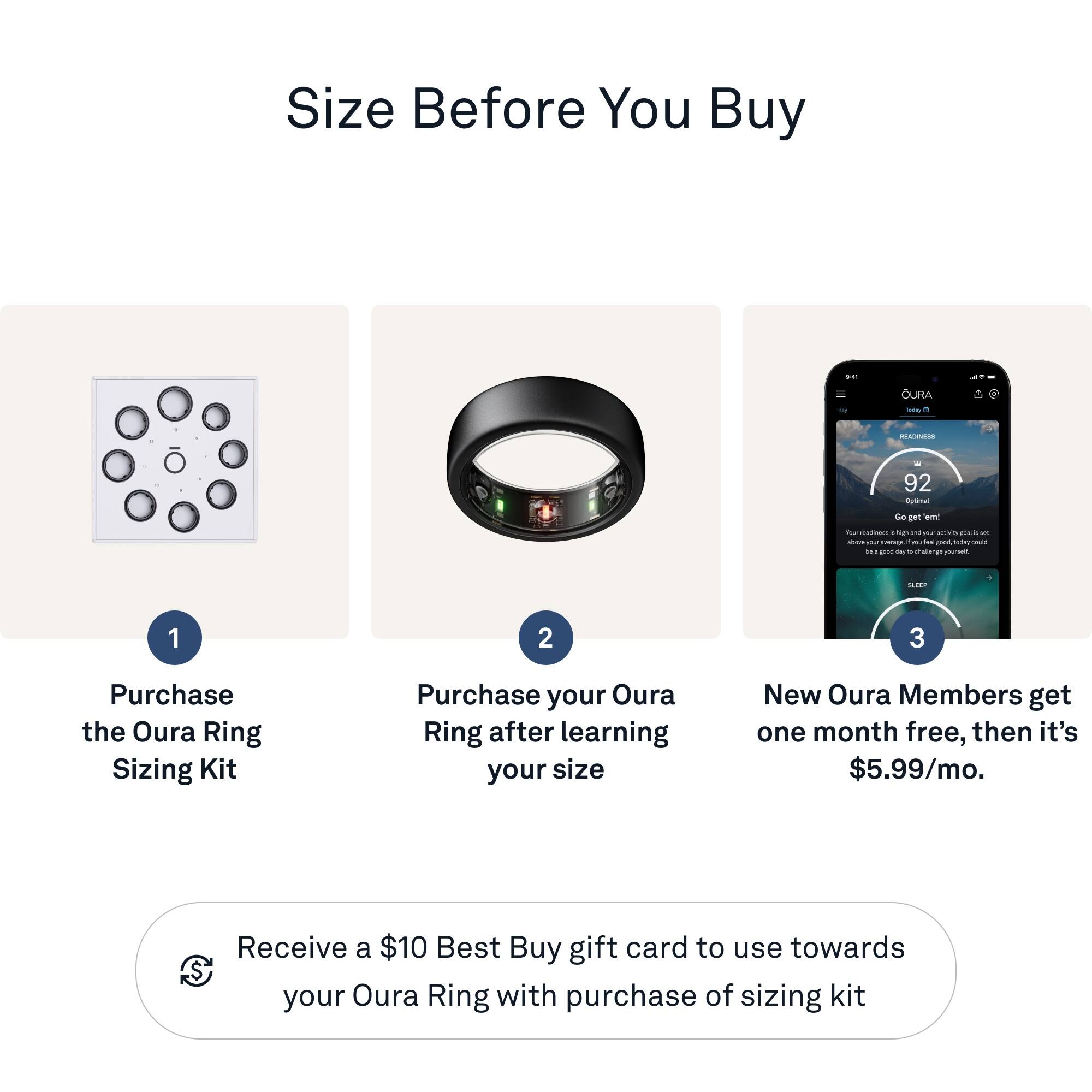 Size Before You Buy:
1. Purchase the Oura Ring Sizing Kit.
2. Purchase your Oura Ring after learning your size.
3. New Oura Members get one month free, then it's $5.99/mo.
4. Receive a $10 Best Buy gift card to use towards your Oura Ring with purchase of sizing kit.