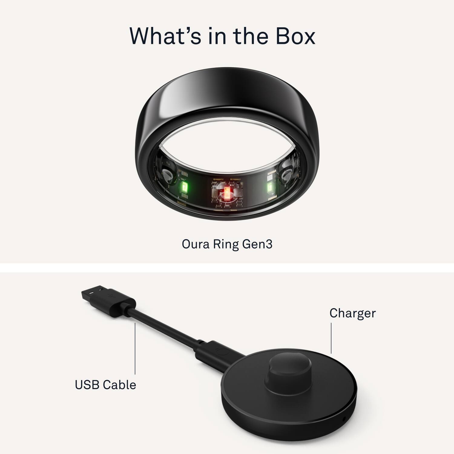 The image features a ring and a charger, along with a USB cable. The ring is described as a "smart ring" and is being charged by the charger. The USB cable is used to connect the charger to a device, such as a computer or a phone, to charge the ring. The ring is placed on top of the charger, indicating that it is being charged.