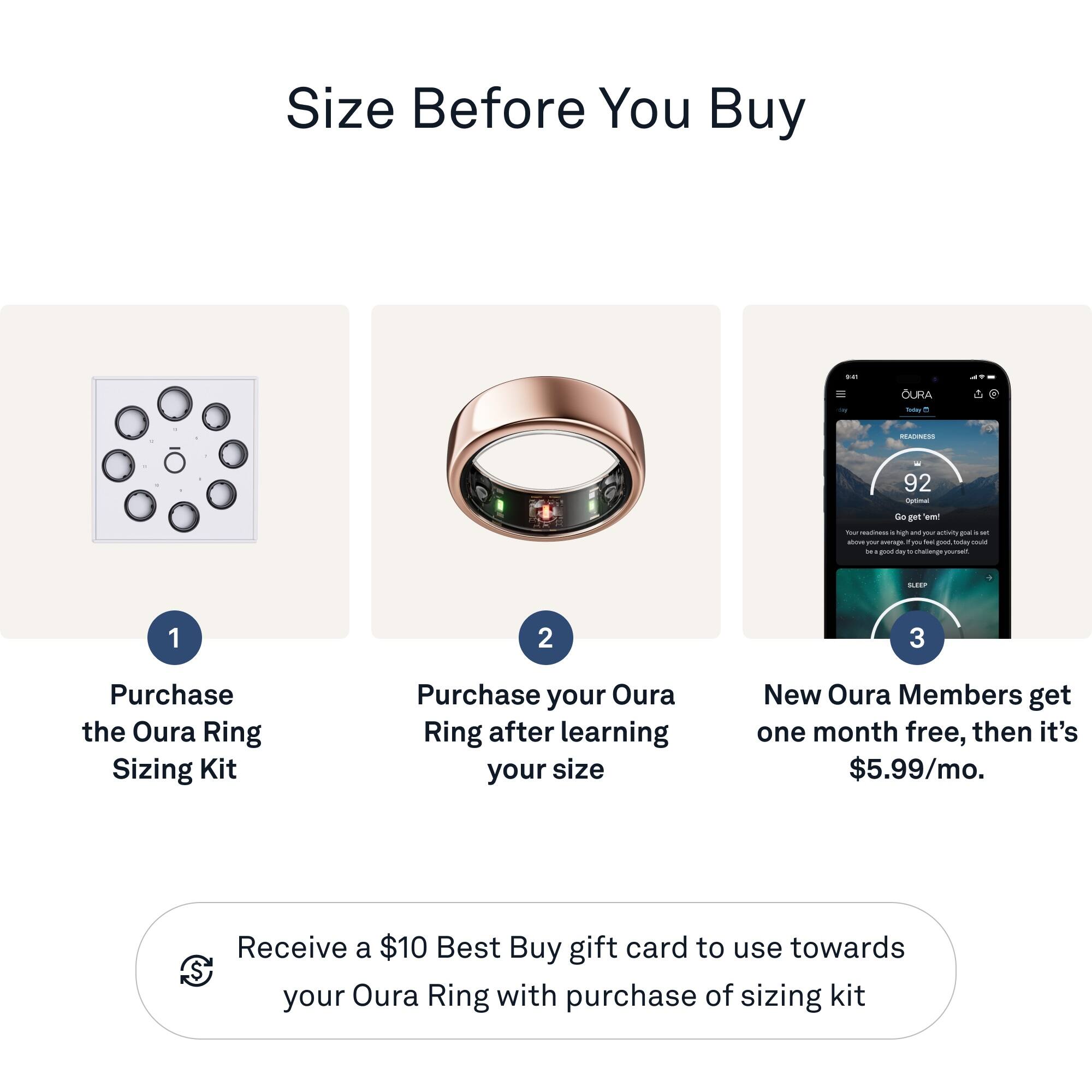 Size Before You Buy:
1. Purchase the Oura Ring Sizing Kit
2. Purchase your Oura Ring after learning your size
3. New Oura Members get one month free, then it's $5.99/mo.
4. Receive a $10 Best Buy gift card to use towards your Oura Ring with purchase of sizing kit.