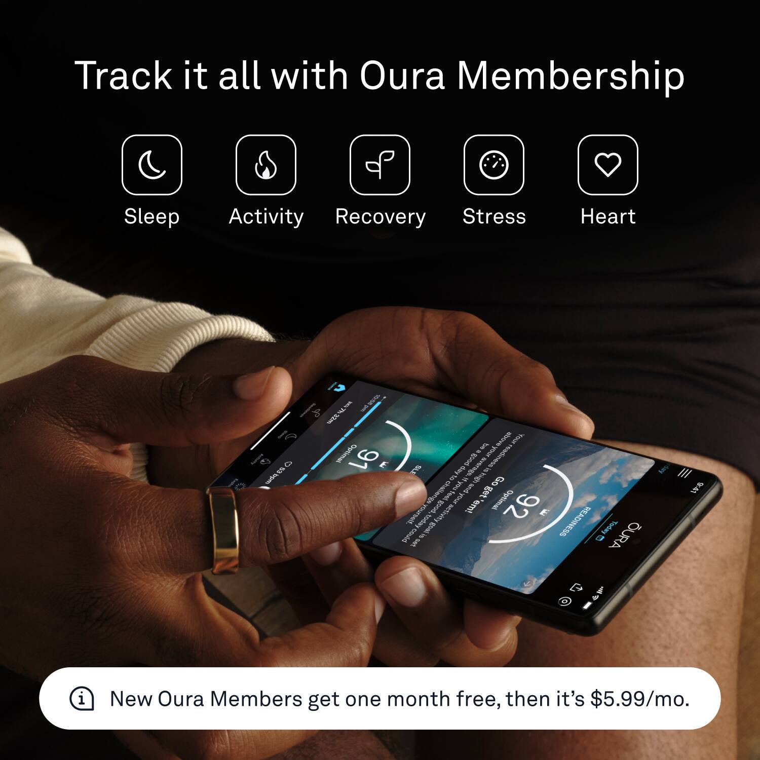 Track it all with Oura Membership: Sleep, Activity, Recovery, Stress, Heart Rate. New Oura Members get one month free, then it's $5.99/mo.