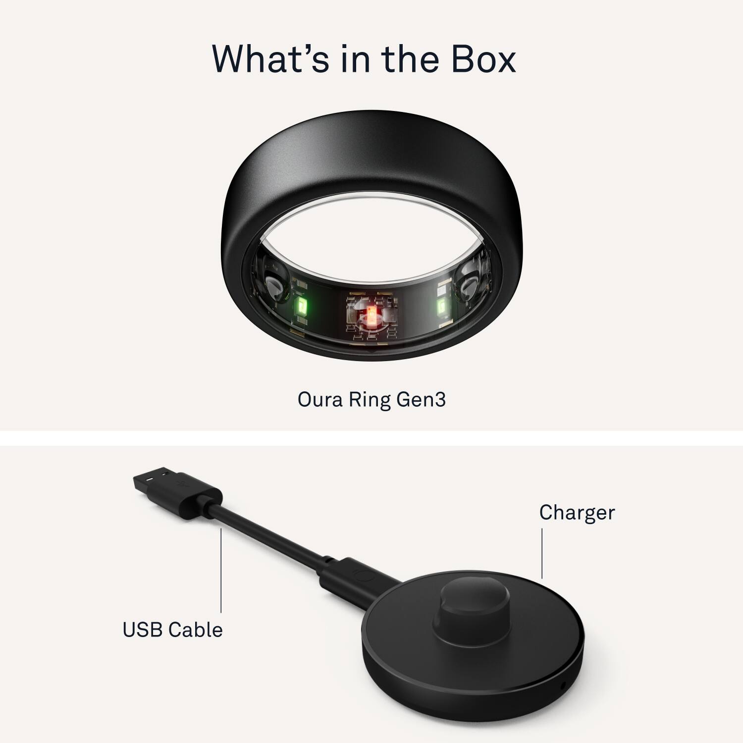 The image features a close-up of a ring and a charger, with the ring being described as a "smart ring." The ring is placed on top of the charger, which is connected to a USB cable. The ring is described as a "smart ring" and is likely a wearable device that can be charged using the USB cable.