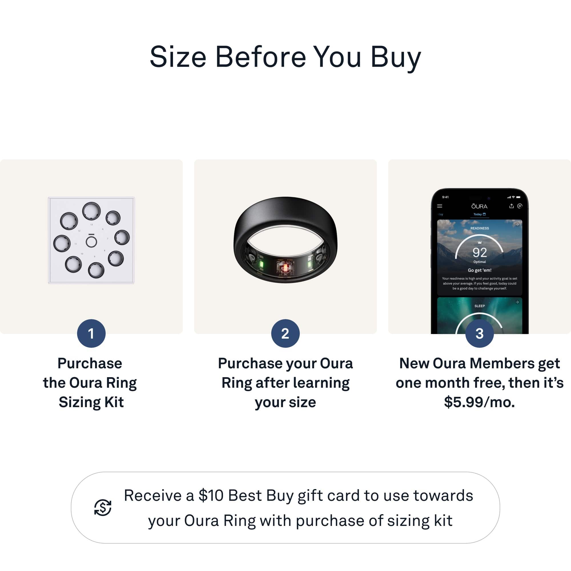 Size Before You Buy:
1. Purchase the Oura Ring Sizing Kit.
2. Purchase your Oura Ring after learning your size.
3. New Oura Members get one month free, then it's $5.99/mo.
4. Receive a $10 Best Buy gift card to use towards your Oura Ring with purchase of sizing kit.