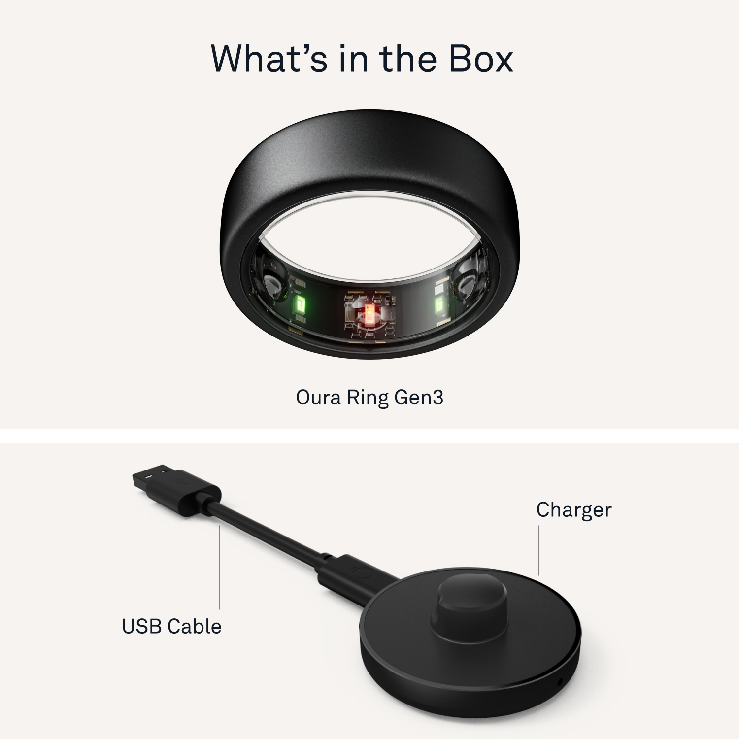 The image features a close-up of a ring and a charger, with the ring being described as a "smart ring." The ring is placed on top of the charger, which is connected to a USB cable. The ring is described as a "smart ring" and is likely a wearable device that can be charged using the USB cable.