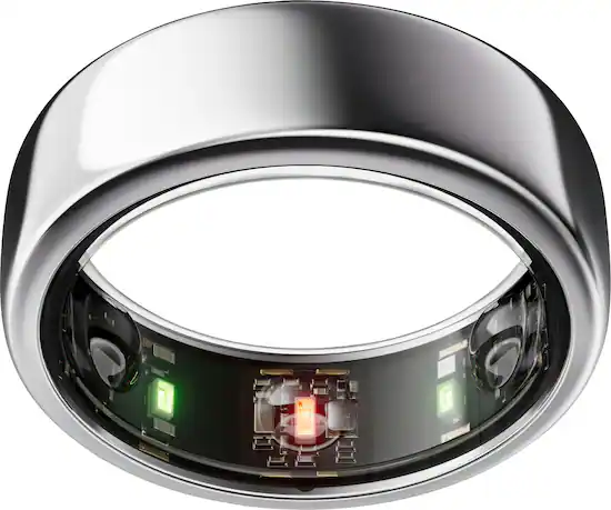 A silver smart ring with two green lights and a red light inside