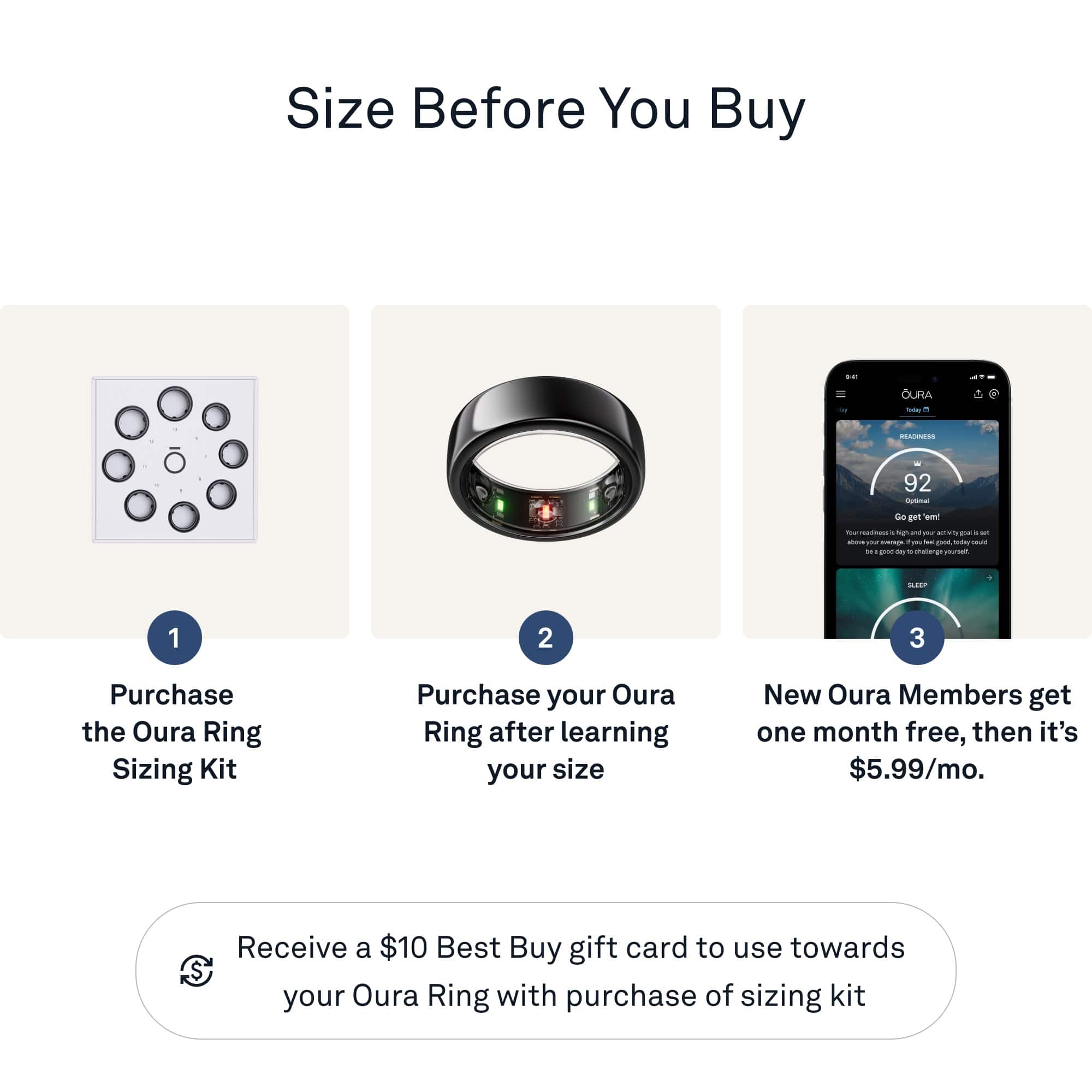 Size Before You Buy:
1. Purchase the Oura Ring Sizing Kit.
2. Purchase your Oura Ring after learning your size.
3. New Oura Members get one month free, then it's $5.99/mo.
4. Receive a $10 Best Buy gift card to use towards your Oura Ring with purchase of sizing kit.