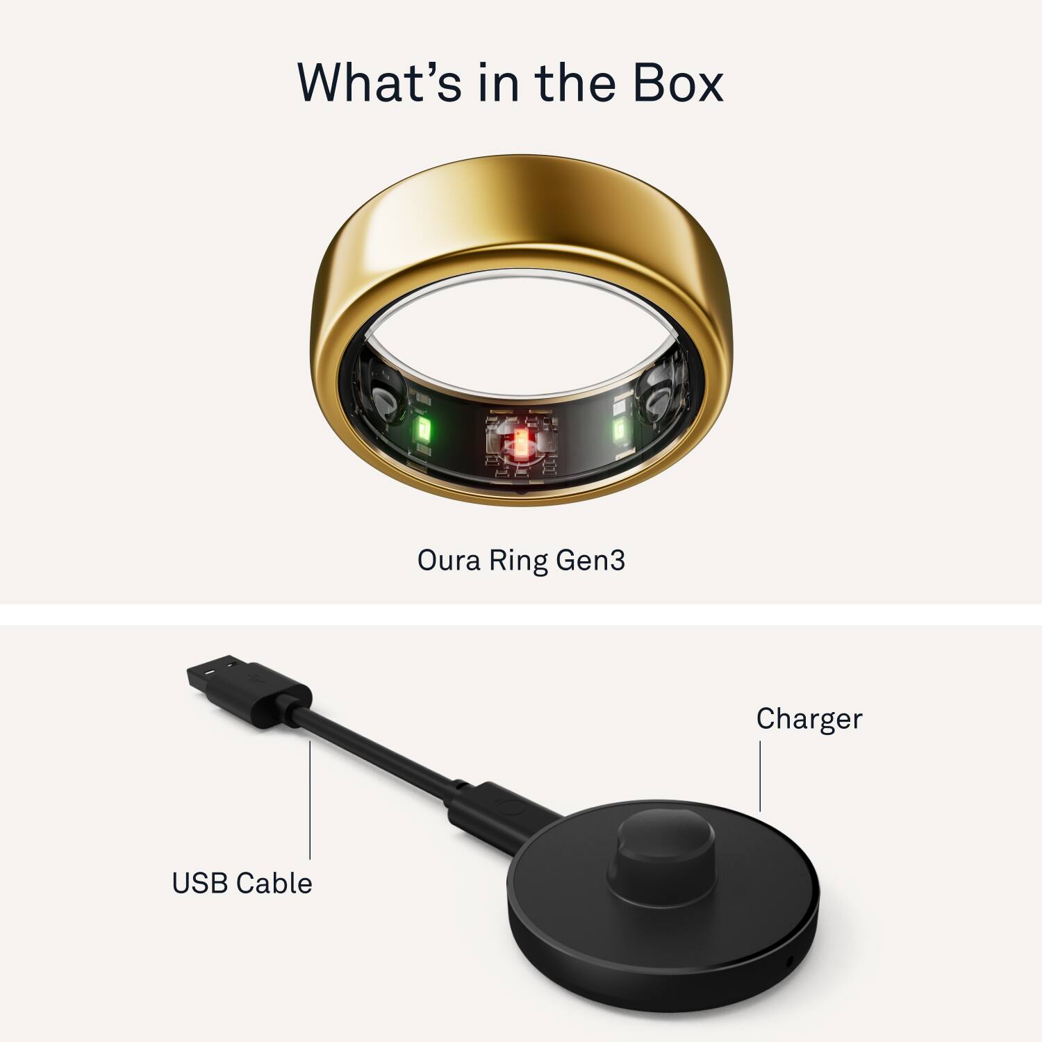 The image features a ring and a charger, with the ring being a gold ring and the charger being a USB cable. The ring is described as a "Oura Ring Gen3," while the charger is labeled as a "USB Cable." The ring and charger are placed next to each other, and the ring is also shown in a close-up view.