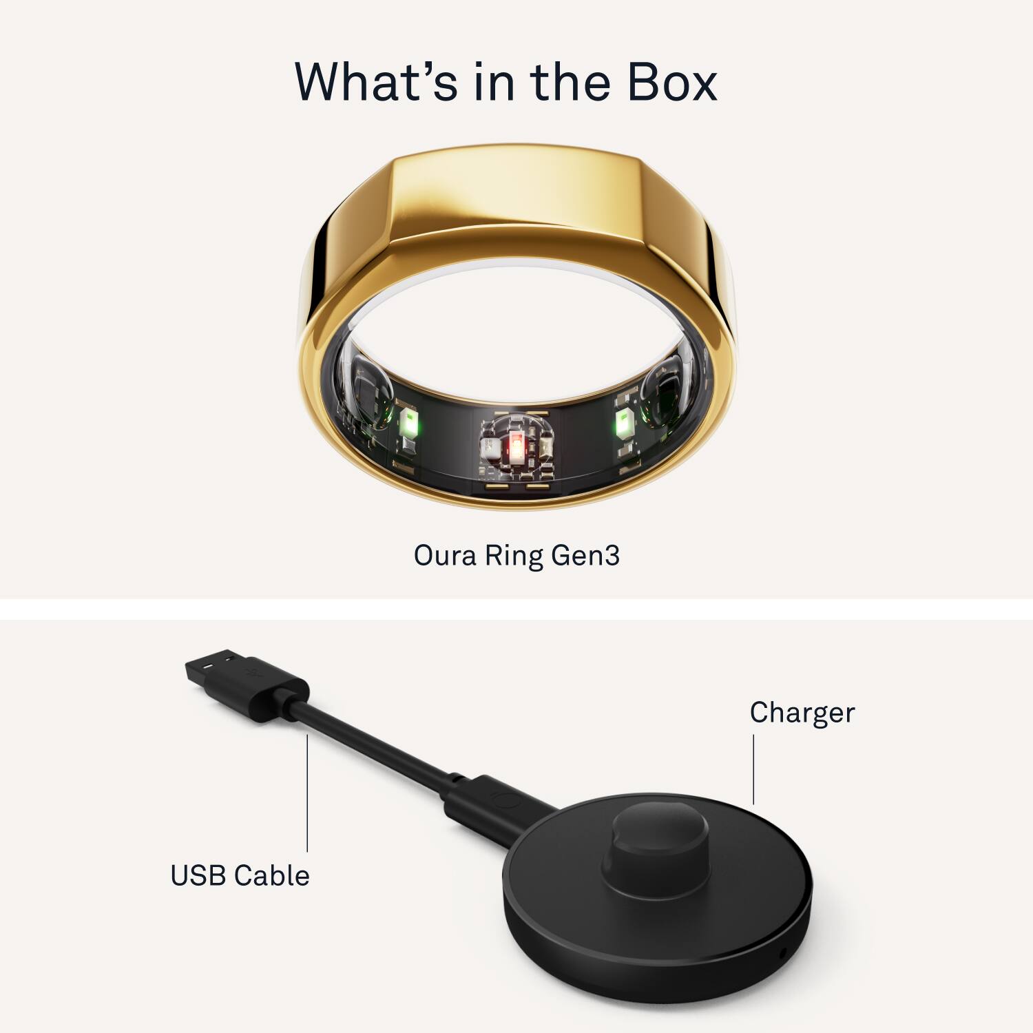 The image features a ring and a charger, both of which are part of the Oura Ring Gen3. The ring is a gold ring with a black band, while the charger is a USB cable. The ring and charger are placed next to each other, showcasing their connection and compatibility.