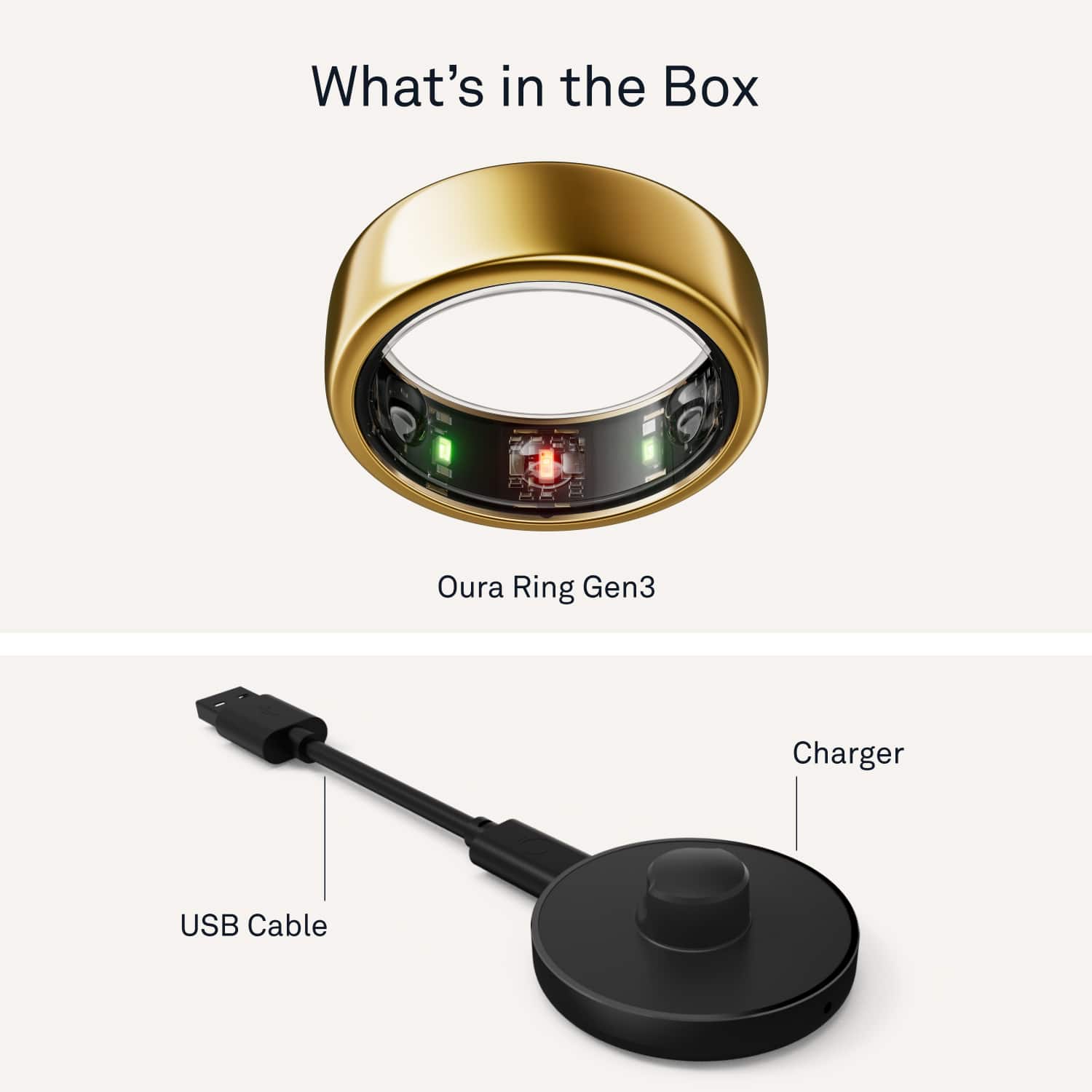 The image features a ring and a charger, with the ring being a gold ring and the charger being a USB cable. The ring is described as a "Oura Ring Gen3," while the charger is labeled as a "USB Cable." The ring and charger are placed next to each other, and the ring is also shown in a close-up view.
