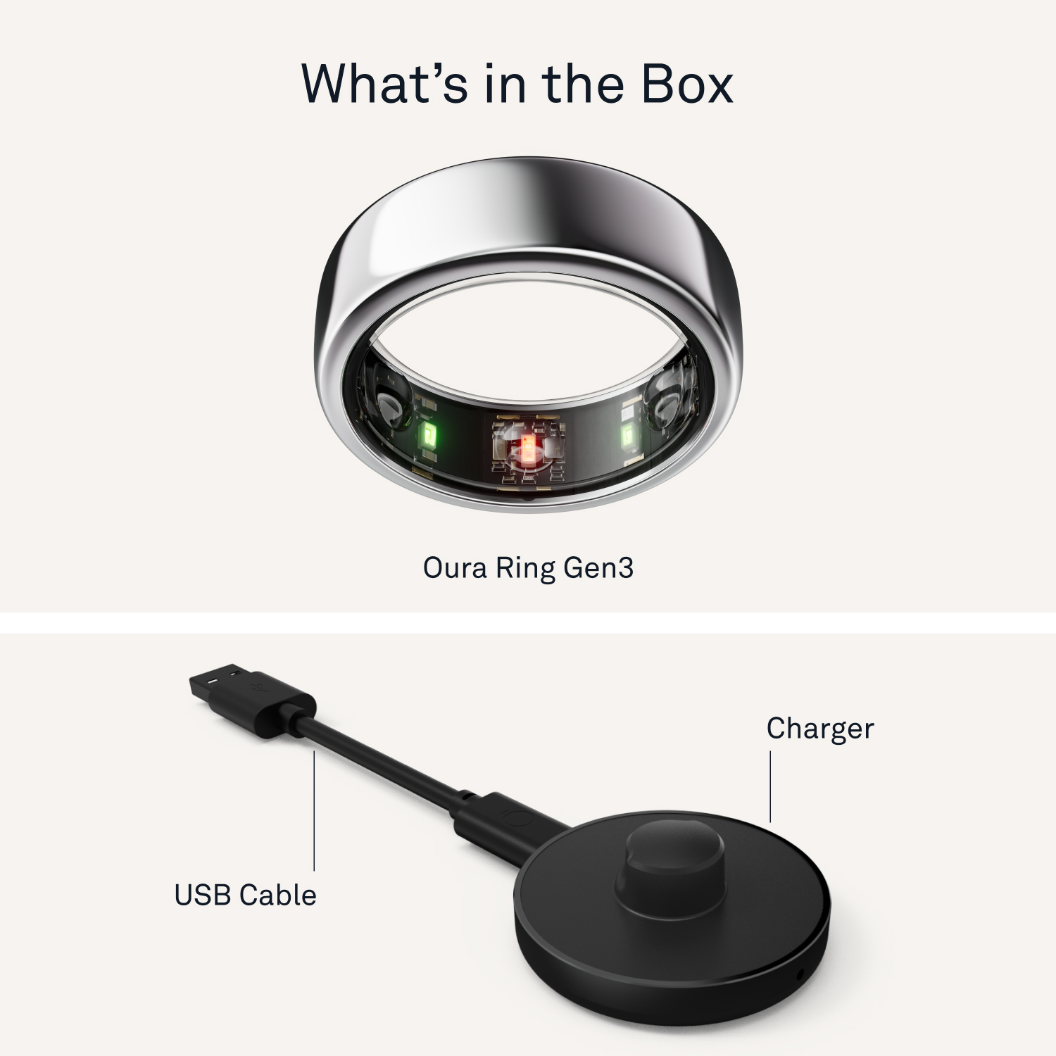 The image features a ring and a charger, both of which are part of the Oura Ring Gen3. The ring is a silver ring with a small screen, while the charger is a USB cable. The ring and charger are placed next to each other, showcasing their compatibility and functionality.