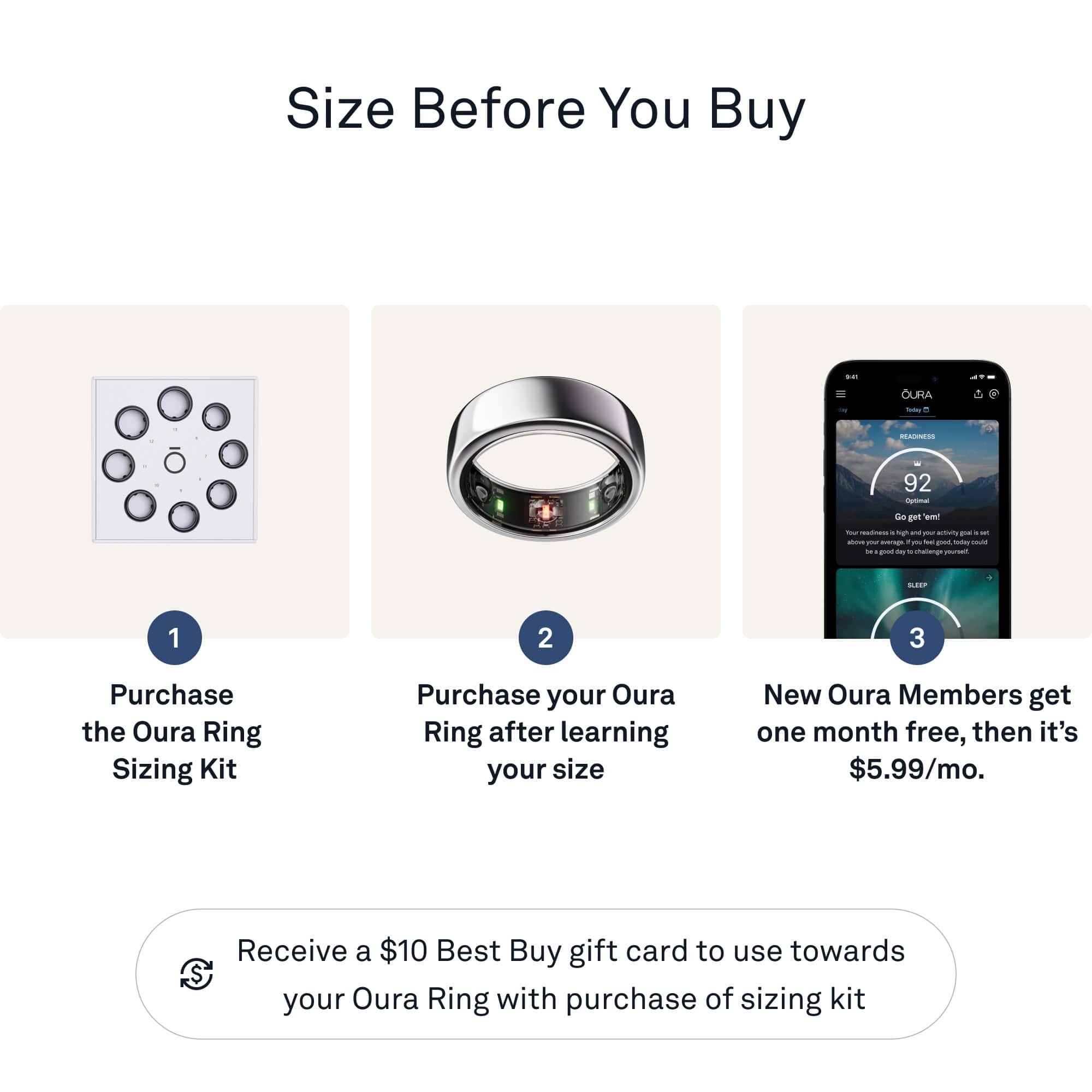 Size Before You Buy:
1. Purchase the Oura Ring Sizing Kit.
2. Purchase your Oura Ring after learning your size.
3. New Oura Members get one month free, then it's $5.99/mo.
4. Receive a $10 Best Buy gift card to use towards your Oura Ring with purchase of sizing kit.