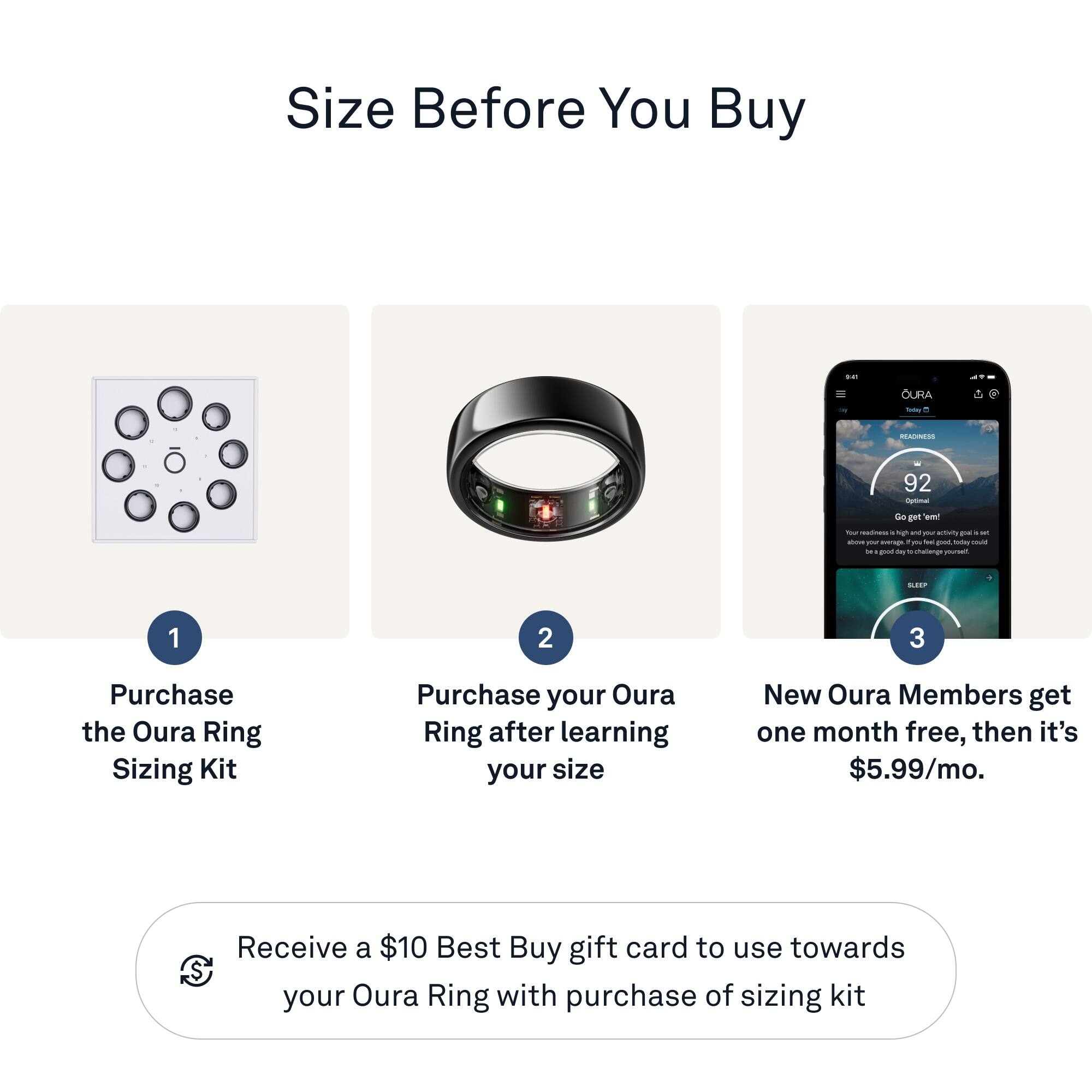 Size Before You Buy:
1. Purchase the Oura Ring Sizing Kit.
2. Purchase your Oura Ring after learning your size.
3. New Oura Members get one month free, then it's $5.99/mo.
4. Receive a $10 Best Buy gift card to use towards your Oura Ring with purchase of sizing kit.