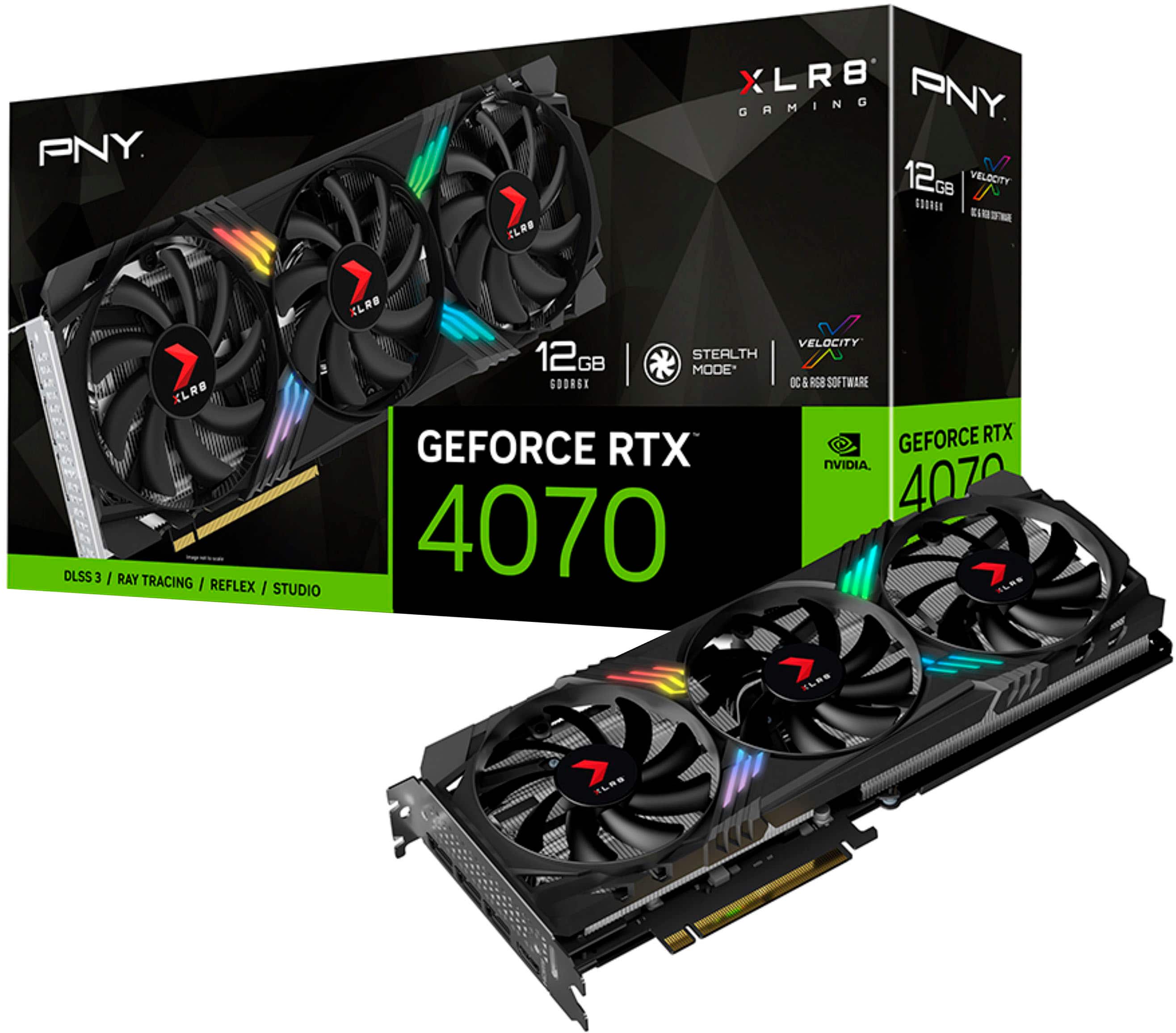 Front. PNY - NVIDIA GeForce RTX 4070 12GB GDDR6X PCI Express 4.0 Graphics Card with Triple Fan and DLSS 3 - Black.