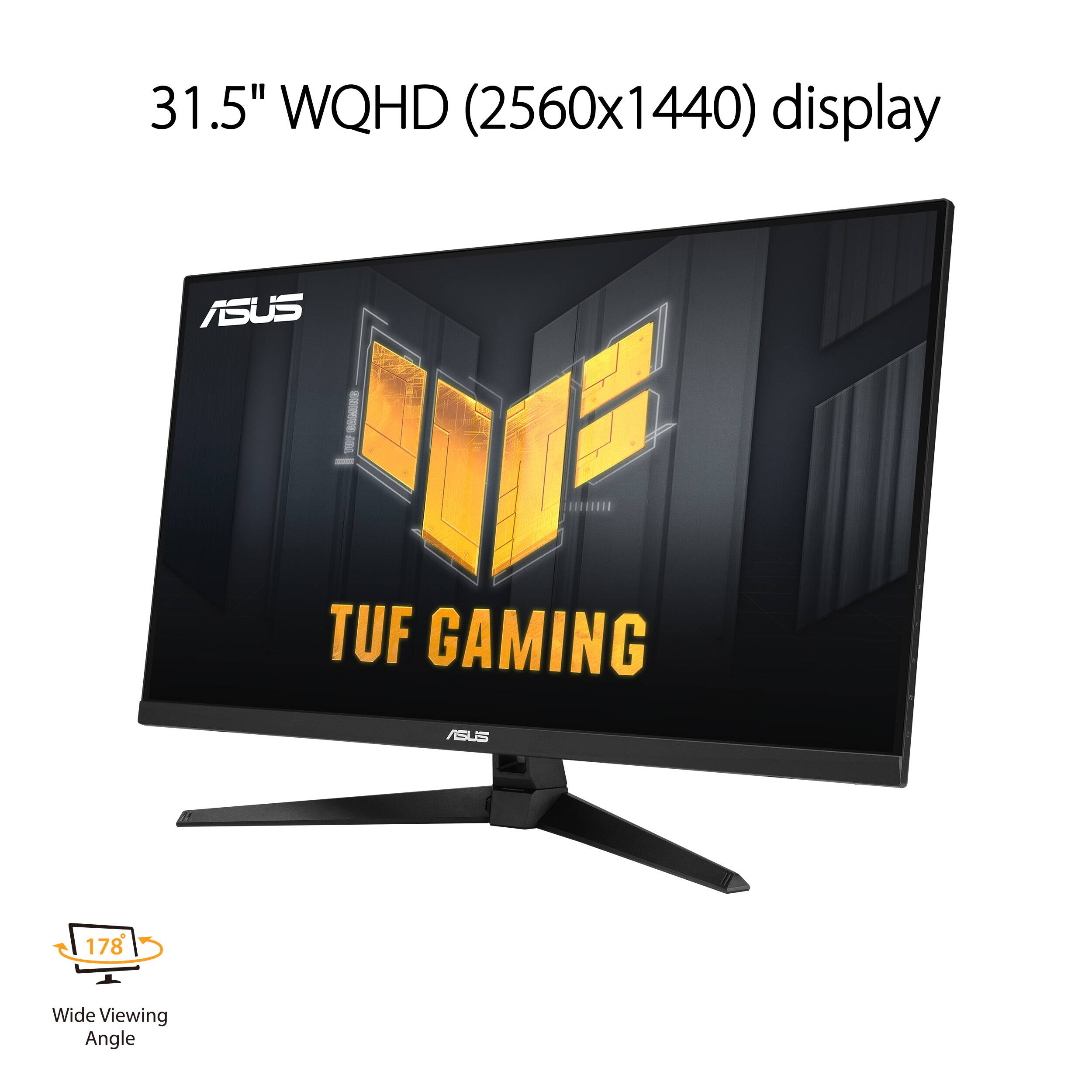 The text on the image reads: "31.5" WQHD (2560x1440) display ASUS TUF GAMING VGUS 178 Wide Viewing Angle."