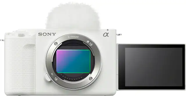 Front. Sony - Alpha ZV-E1 Full-frame Vlog Mirrorless Lens Camera (Body Only) - White.