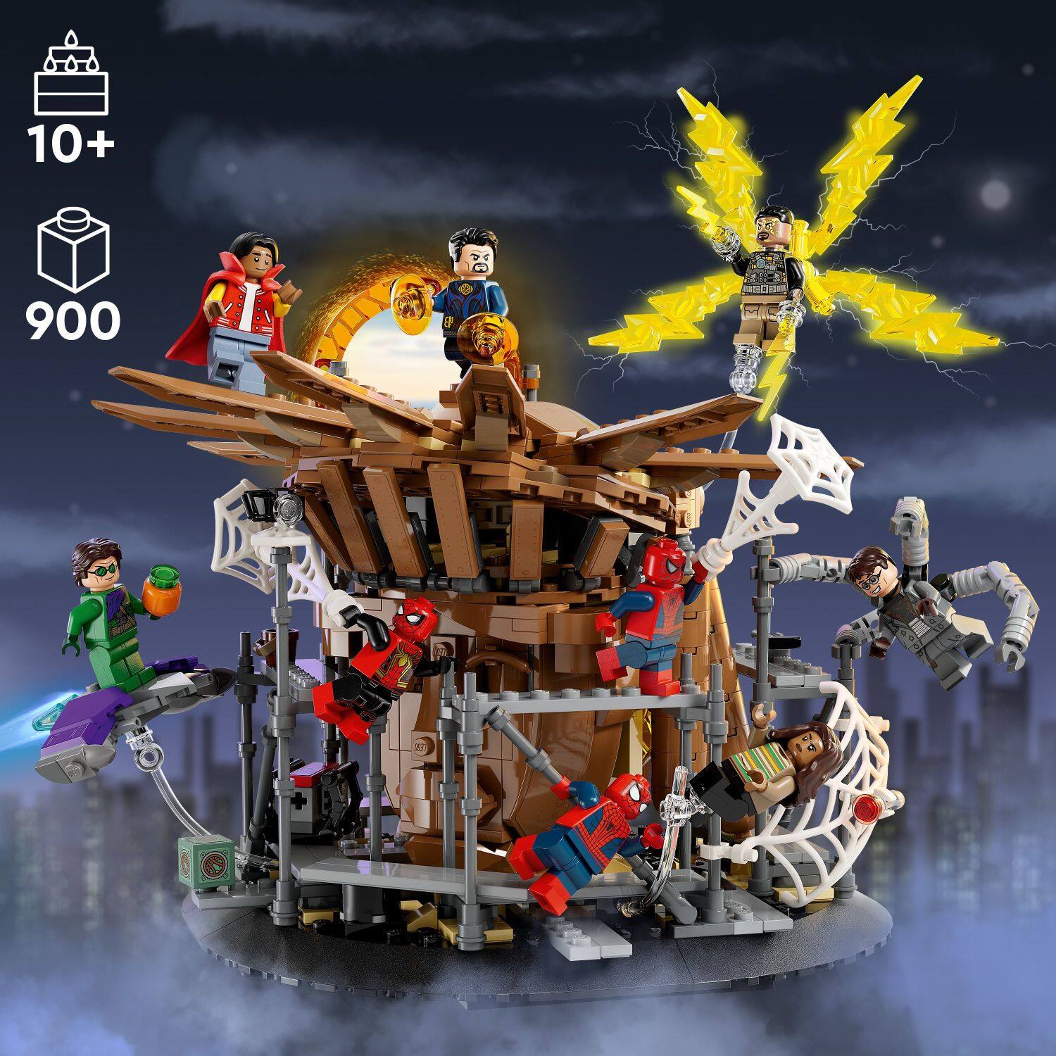 The image features a large Lego structure with various characters, including Spider-Man and other superheroes. There are a total of 12 Lego figures in the scene, some of which are positioned on top of the structure, while others are scattered around it. The Lego structure is quite elaborate and intricate, showcasing the creativity and skill of the builder. The scene is set against a night sky background, adding to the dramatic and exciting atmosphere.