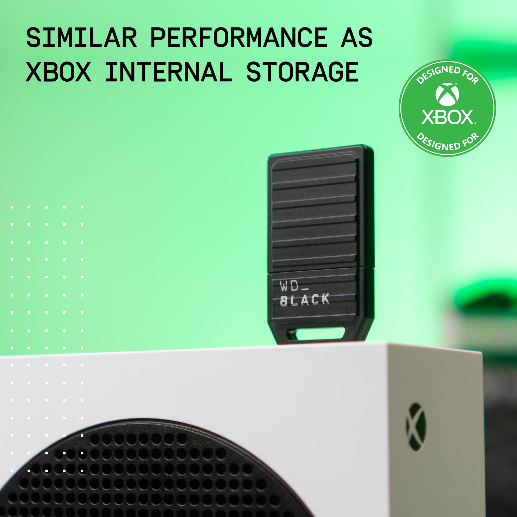 The text on the image says "Similar performance as Xbox internal storage. Designed for WD_Black."