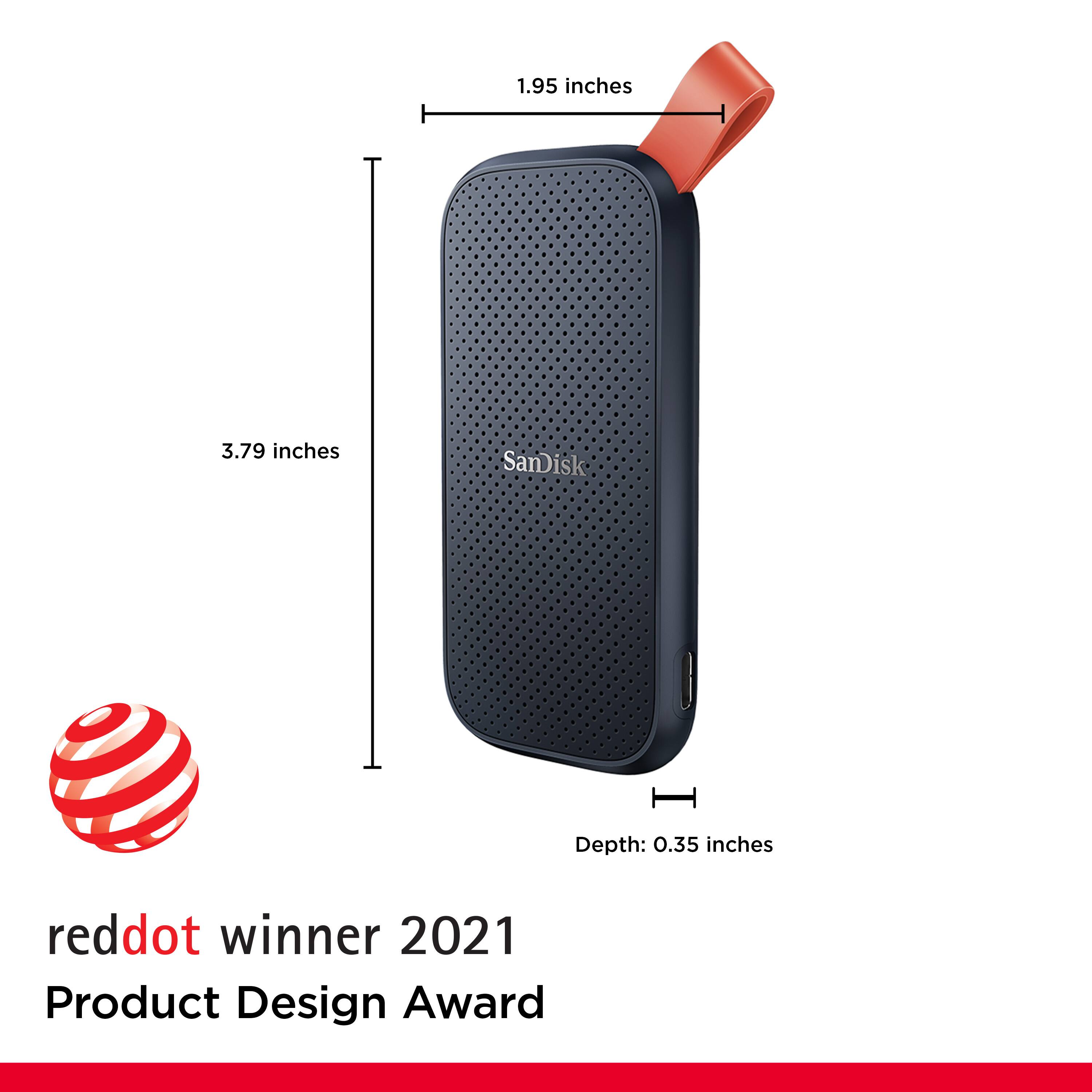 The text on the image reads: 1.95 inches 3.79 inches SanDisk Depth: 0.35 inches reddot winner 2021 Product Design Award.