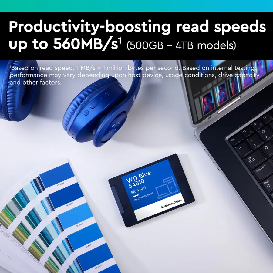 Productivity-boosting read speeds up to 560MB/s (500GB - 4TB models) Based on read speed. 1 MB/s = 1 million bytes per second. Performance may vary depending on host device, usage conditions, drive capacity, and other factors.