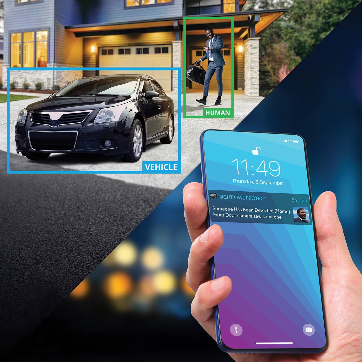 The image shows a person holding a cell phone with a message displayed on the screen. The message reads "HUMAN - M VEHICLE 11:49 Thursday, 8 September NIGHT OWL PROTECT 5m ago Someone Has Been Detected (Home) Front Door camera saw someone." This suggests that the cell phone is being used to monitor a security system, possibly for a home or a vehicle. The person holding the phone is likely receiving a notification or alert from the security system.