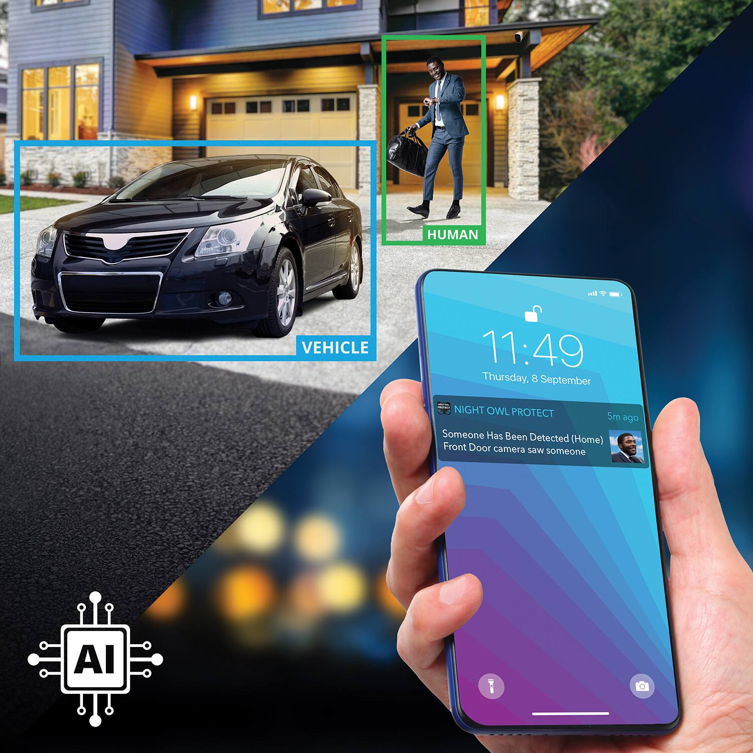 The image features a person holding a smartphone, which is displaying a message about a human and a vehicle. The message reads, "HUMAN - VEHICLE 11:49 Thursday. 8 September I NIGHT OWL PROTECT 5m ago Someone Has Been Detected (Home) Front Door camera Saw someone Al 1 O." The image also shows a car in the background, possibly related to the message on the phone.