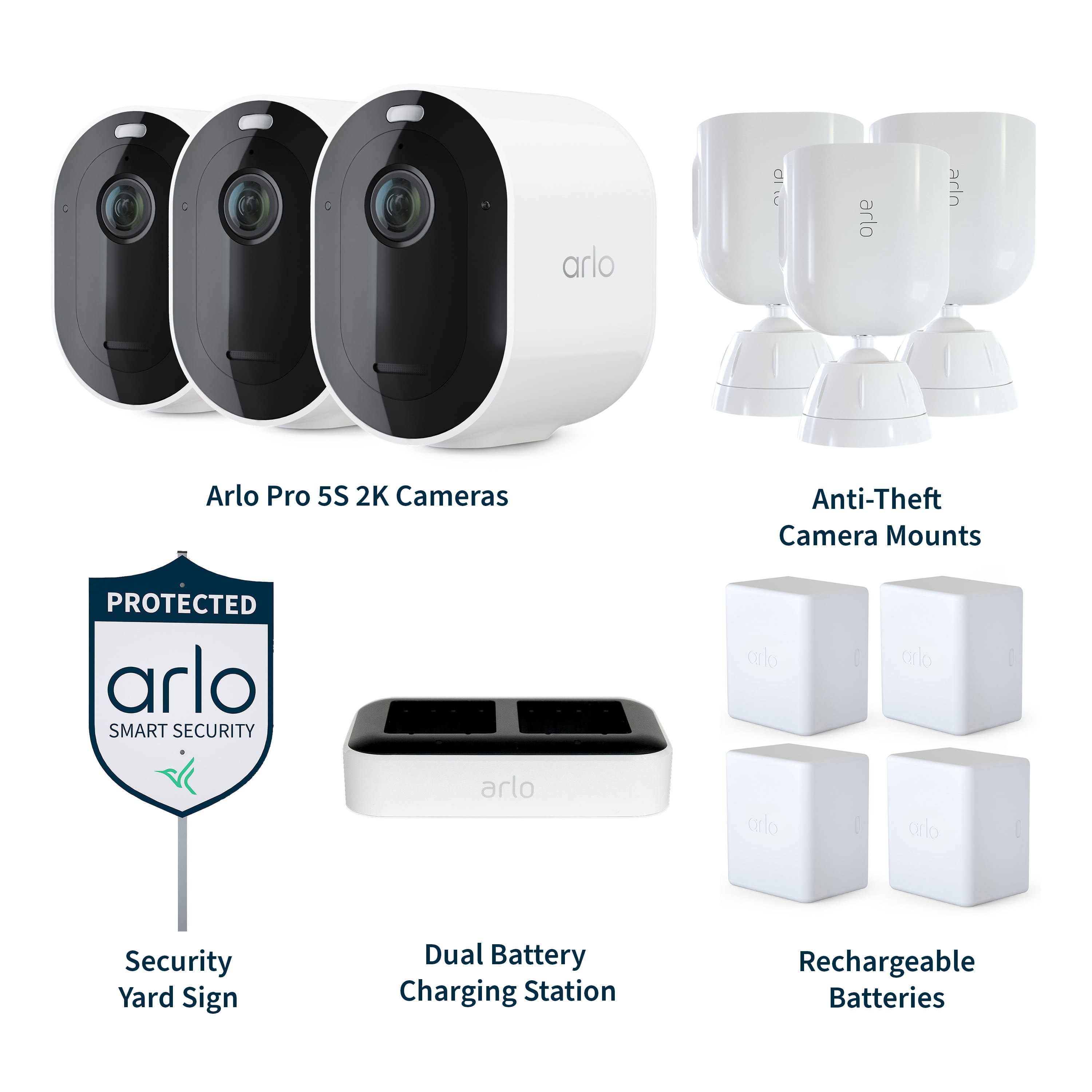 The image features a variety of Arlo security cameras and accessories, including the Arlo Pro 5S 2K Cameras, Anti-Theft Camera Mounts, and a Dual Battery Charging Station. The cameras are designed to provide smart security for homes and businesses, with features such as motion detection, night vision, and cloud storage. The accessories, such as the yard sign and rechargeable batteries, further enhance the security system's functionality and convenience.
