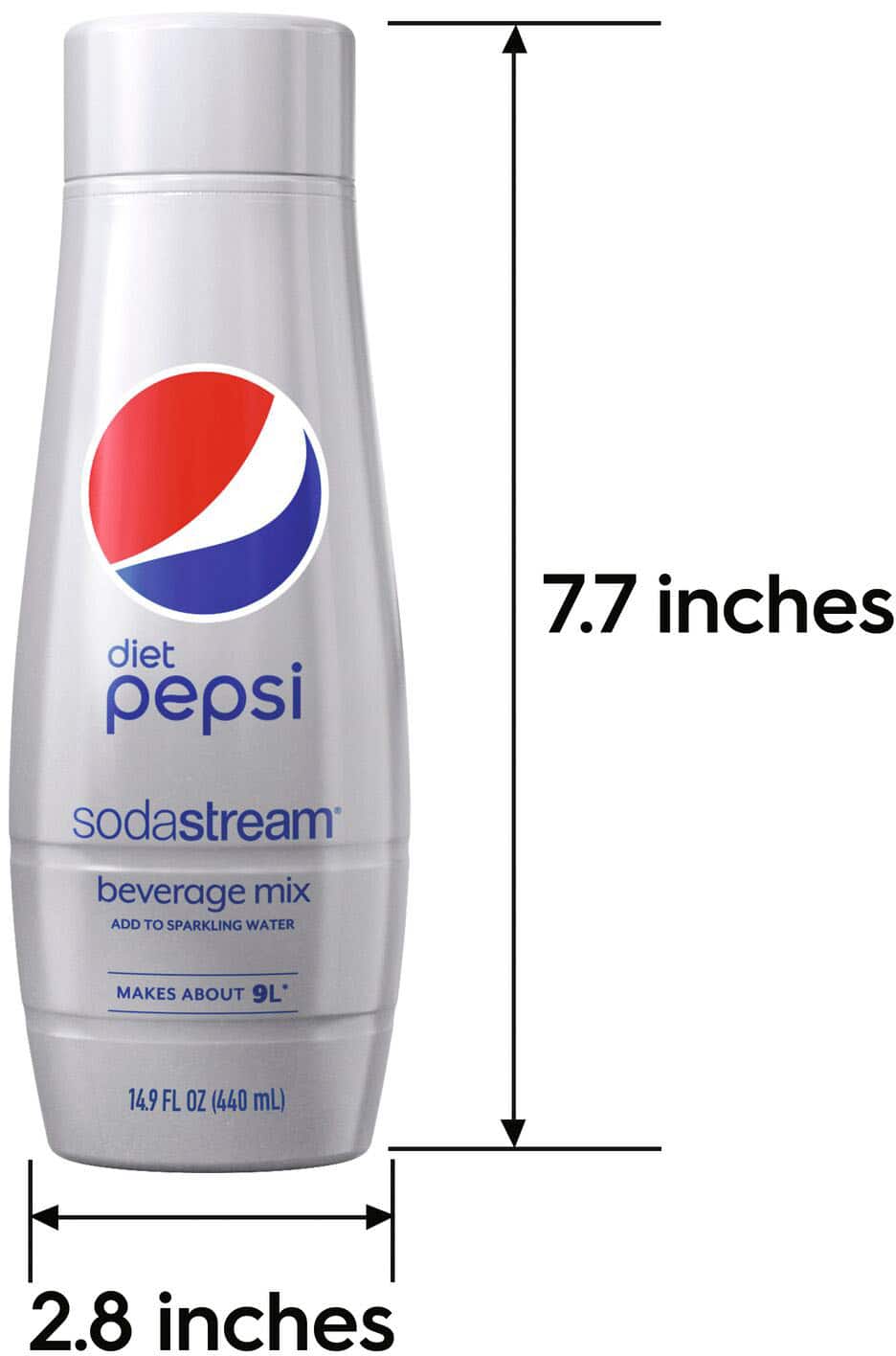 The image features a bottle of Diet Pepsi Sodastream Beverage Mix, which is 7.7 inches tall. The bottle is designed to be used with the Sodastream machine, which allows you to make sparkling water at home. The bottle contains a concentrate that, when mixed with sparkling water, makes about 9 liters of beverage. The label on the bottle indicates that it contains 14.9 fluid ounces (440 milliliters) of concentrate, which is equivalent to 2.8 inches of liquid.