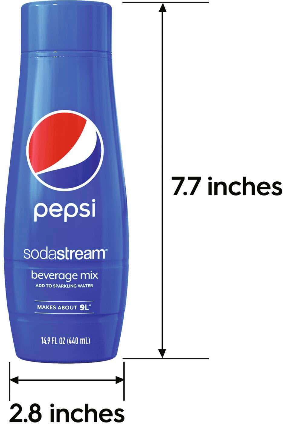 The image features a bottle of Pepsi SodaStream Beverage Mix, which is 7.7 inches tall. The bottle is blue and has a white label with the Pepsi logo. The product is designed to be used with a SodaStream machine to create sparkling water with a fizzy, carbonated taste. The bottle contains a concentrate that, when mixed with water, makes about 9 liters or 14.9 fluid ounces (440 mL) of beverage.