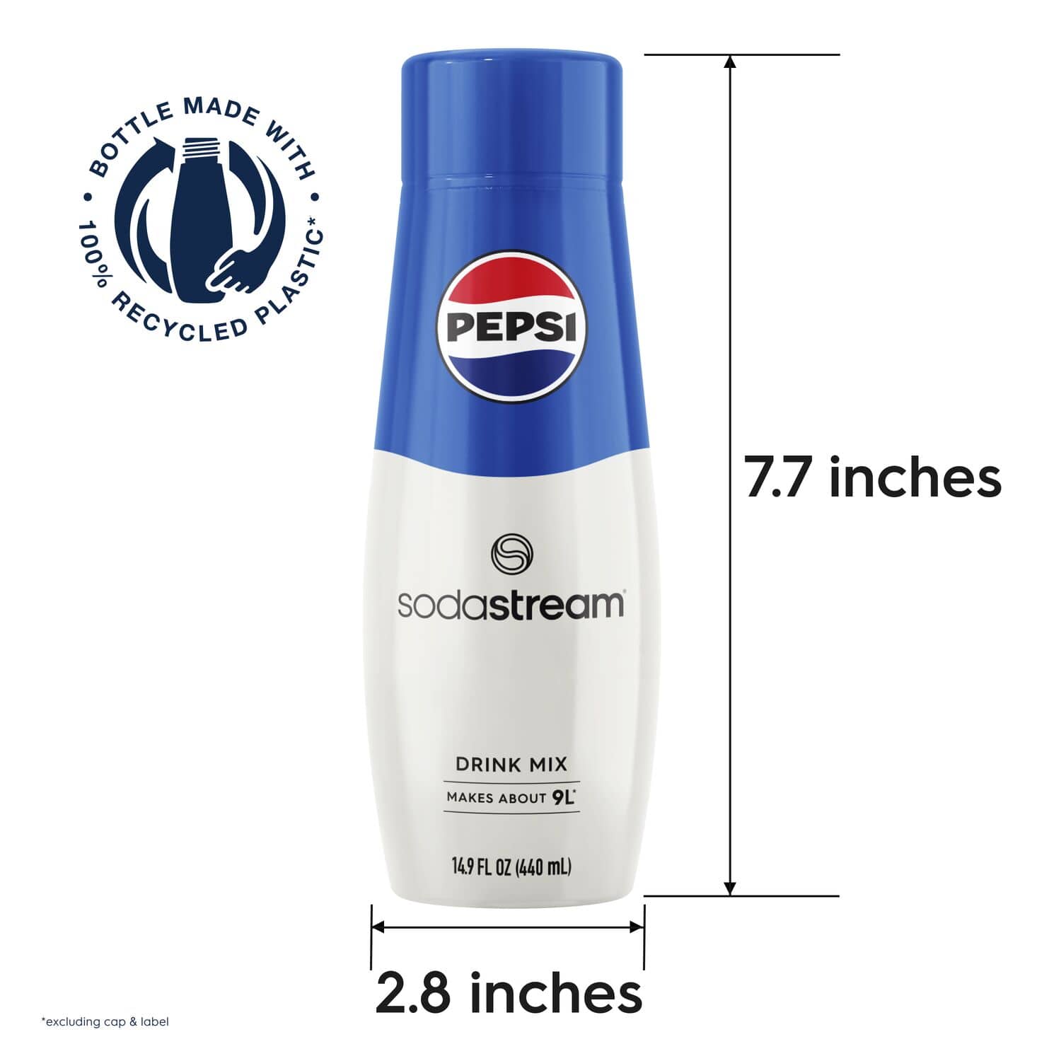 The image features a bottle of Pepsi SodaStream drink mix, which is made with 100% recycled plastic. The bottle is 7.7 inches tall and contains a drink mix that makes about 9 liters or 14.9 fluid ounces (440 mL) of soda, excluding the cap and label. The image also shows a 2.8-inch measurement, which could be related to the size of the bottle or the amount of soda it can make.