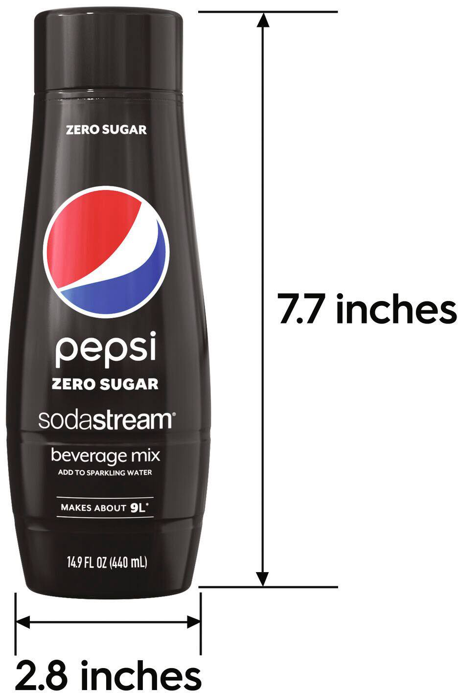 The image shows a bottle of Pepsi Zero Sugar, which is a beverage concentrate. The bottle is 7.7 inches tall and is designed for use with the SodaStream beverage mixer. When added to sparkling water, it creates a refreshing and flavorful drink. The bottle contains 14.9 fluid ounces (440 mL) of concentrate, which makes about 9 liters (2.8 gallons) of beverage when mixed with water.