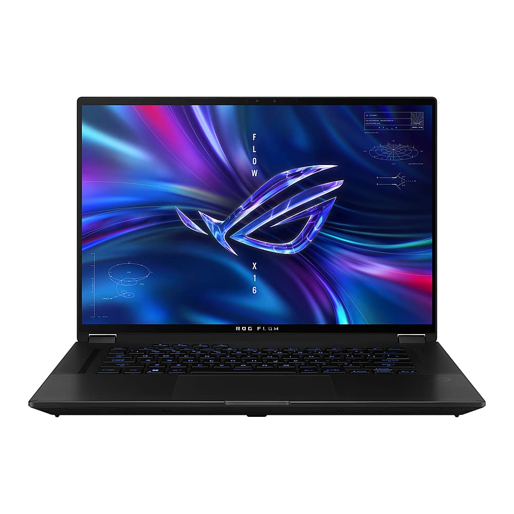 Front. ASUS - ROG Flow X16 16” Touchscreen Gaming Laptop QHD+ - Intel Core i9 with 32GB Memory NVIDIA GeForce RTX 4070 - 1TB SSD - Mixed Black.