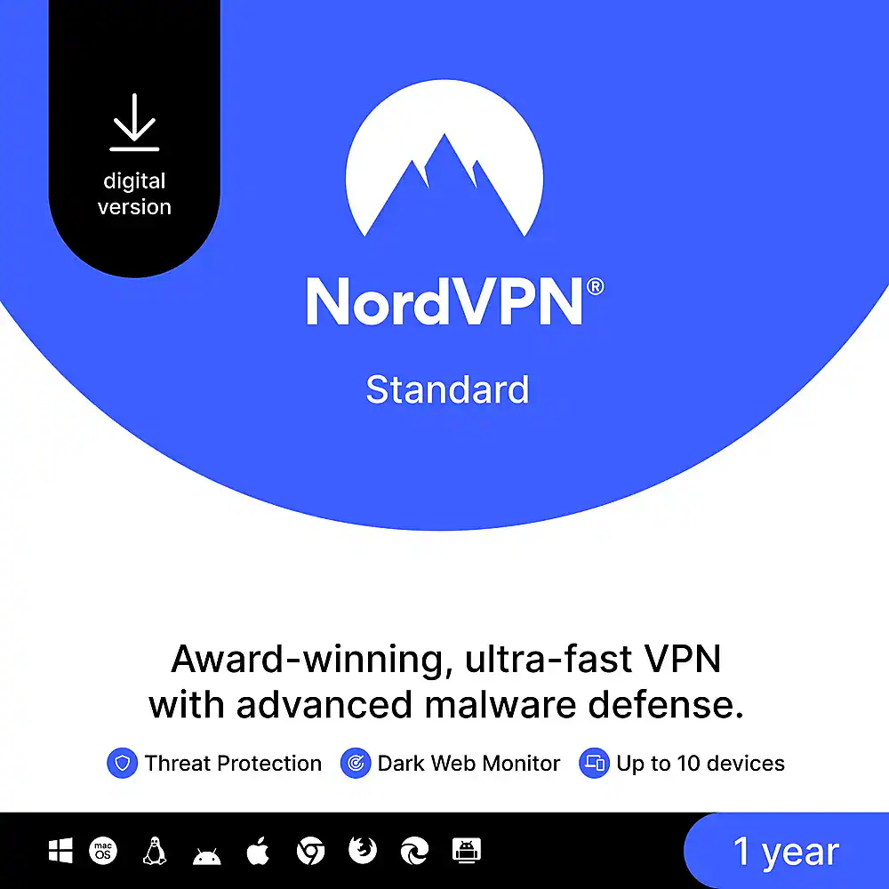 NordVPN Standard is an award-winning, ultra-fast VPN with advanced malware defense. It offers threat protection, a dark web monitor, and is compatible with up to 10 devices. The digital version is available for one year.