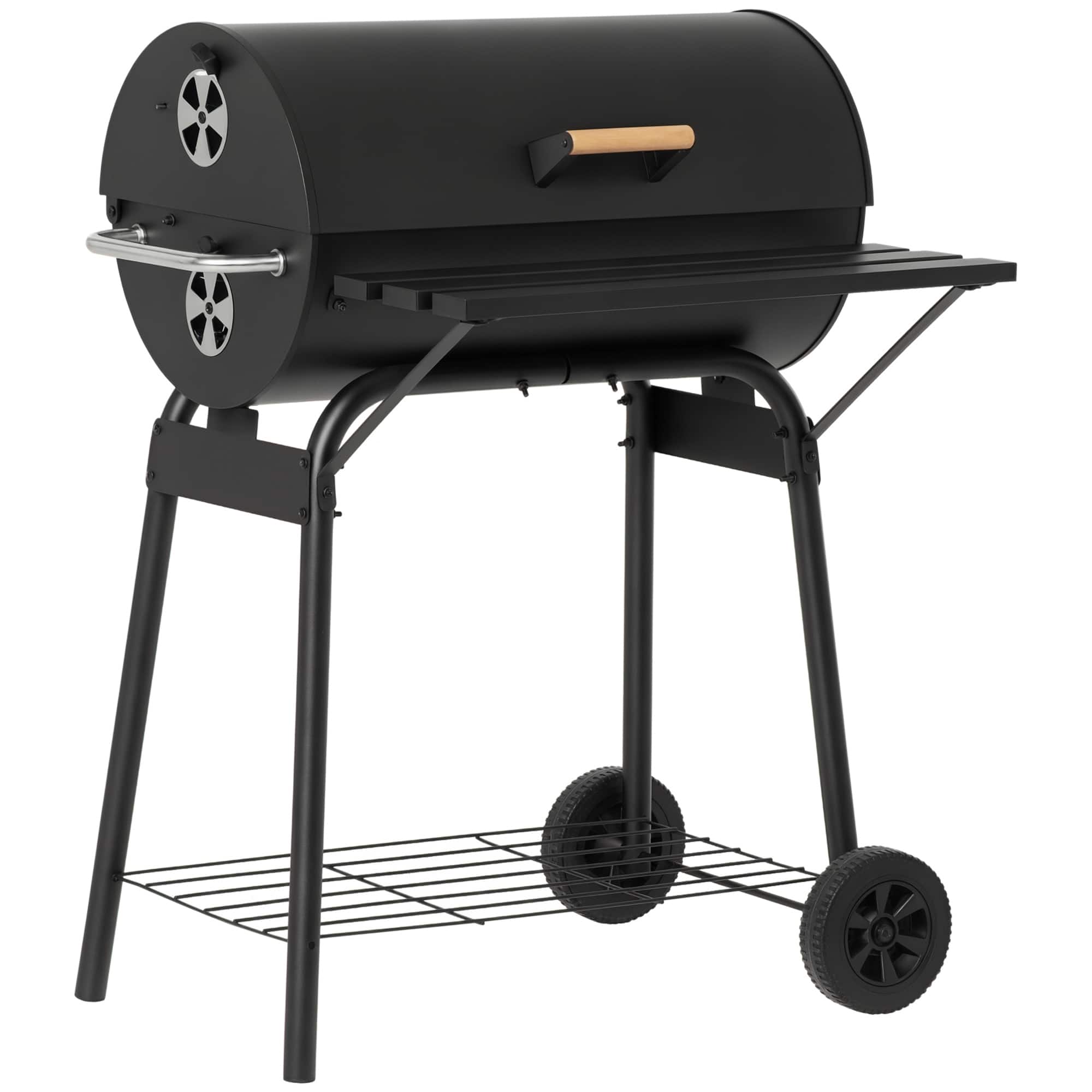 Outsunny - 30" Portable Barrel Charcoal BBQ Grill, Steel Outdoor Barbecue Smoker with 370 Square Inches Cooking Space - Black