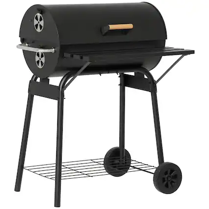 Front. Outsunny - 30" Portable Barrel Charcoal BBQ Grill, Steel Outdoor Barbecue Smoker with 370 Square Inches Cooking Space - Black.