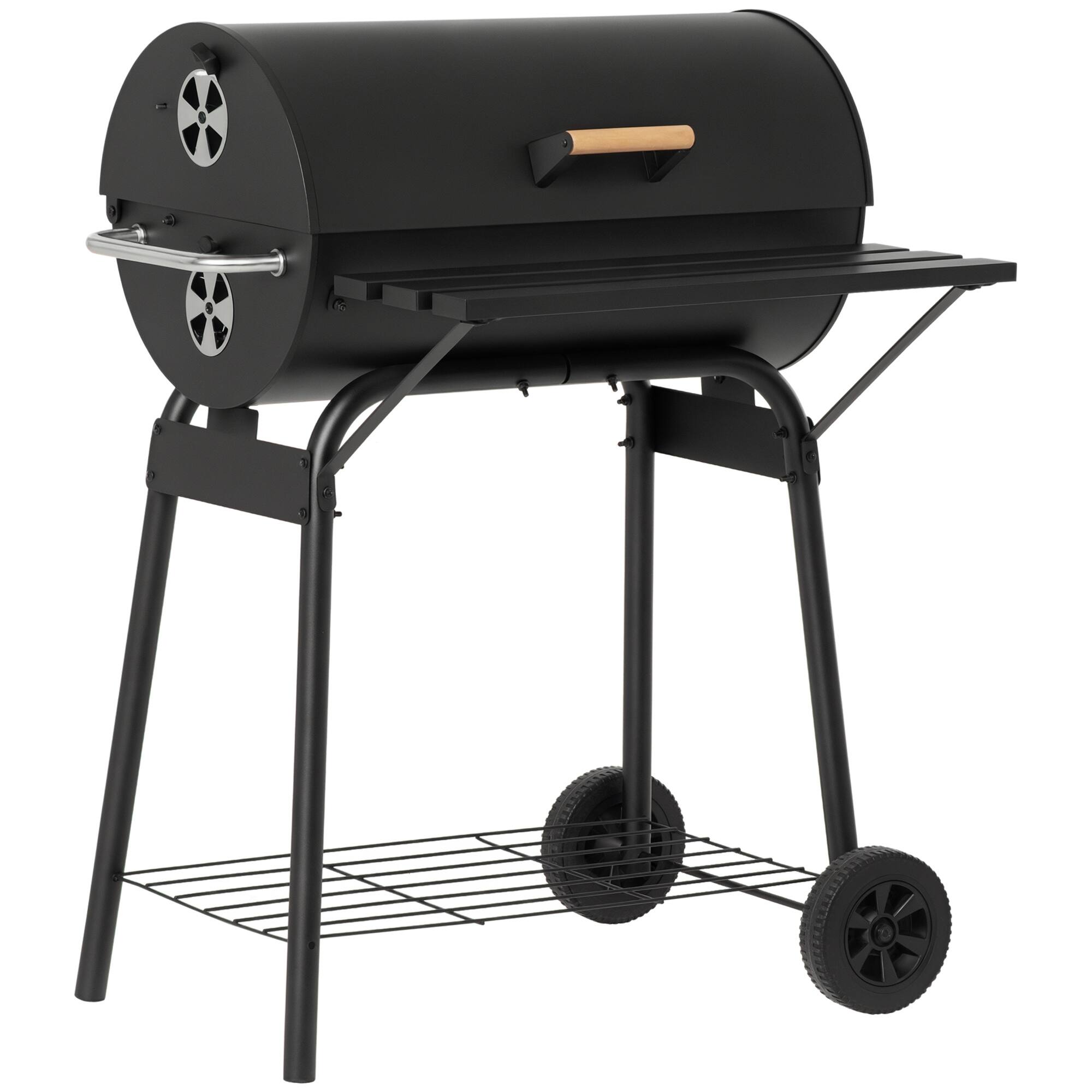 Front. Outsunny - 30" Portable Barrel Charcoal BBQ Grill, Steel Outdoor Barbecue Smoker with 370 Square Inches Cooking Space - Black.