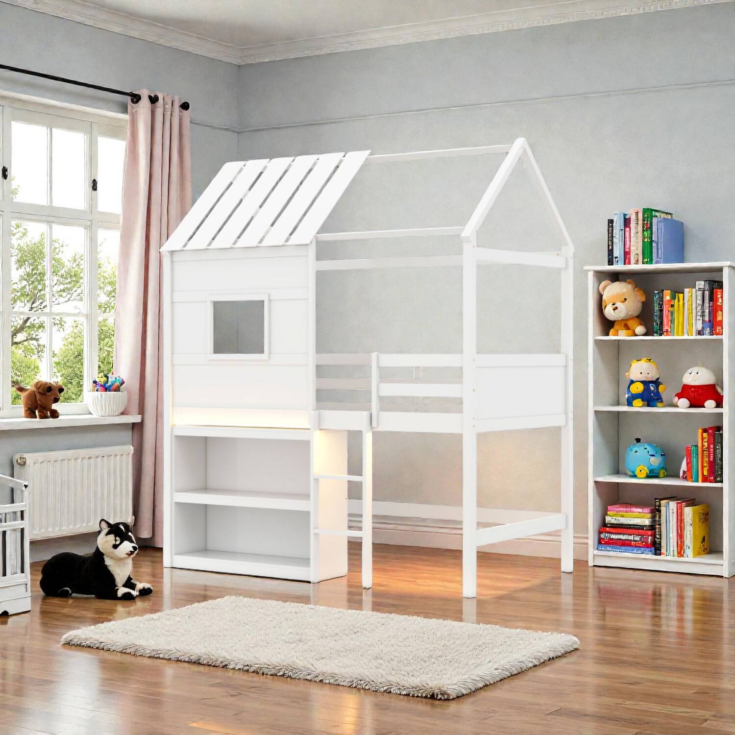 Front. Hivvago - Twin Loft Bed with LED Light Strip, Playhouse Roof, Window Accent and Storage Shelves - White.