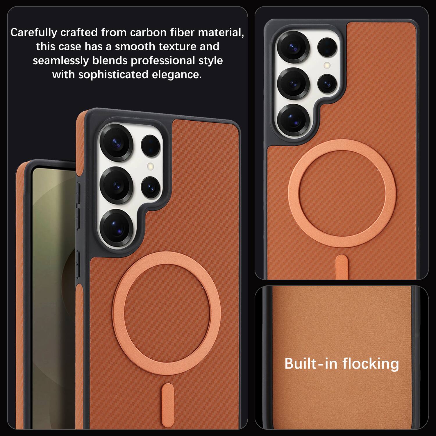 Carefully crafted from carbon fiber material, this case has a smooth texture and seamlessly blends professional style with sophisticated elegance. Built-in flocking
