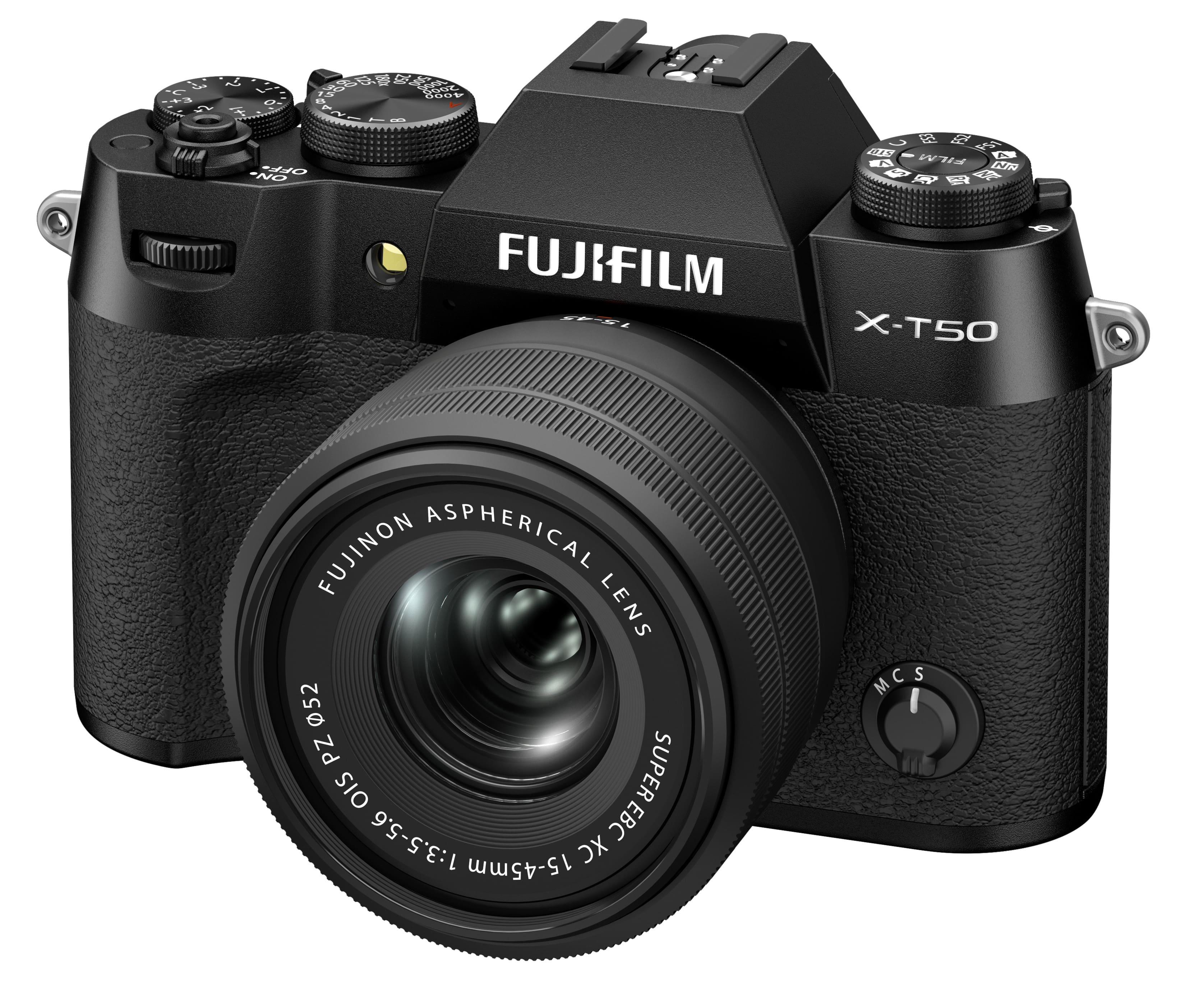 The image features a black Fujifilm X-T50 camera with a large lens. The camera is designed for digital photography and is equipped with a Fujinon aspherical lens, which offers superior image quality. The lens has a focal length of 15-45mm and is capable of capturing images with a 1:3.5-5.6 aperture. The camera is compact and easy to use, making it a popular choice for photographers of all skill levels.