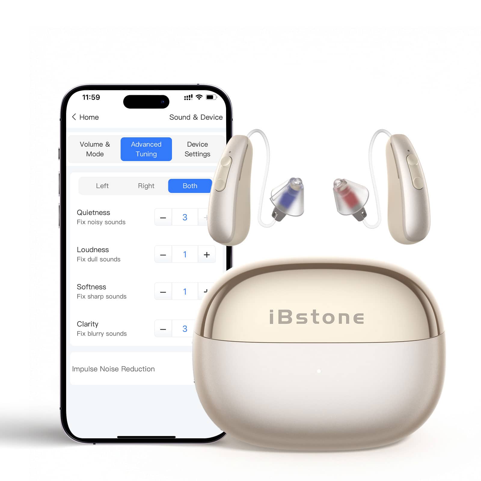iBstone - AuraLink Hearing Aids - RIC Bluetooth, AI Noise Cancellation, Tinnitus Relief & App-Control for Seniors & Adults - Gold