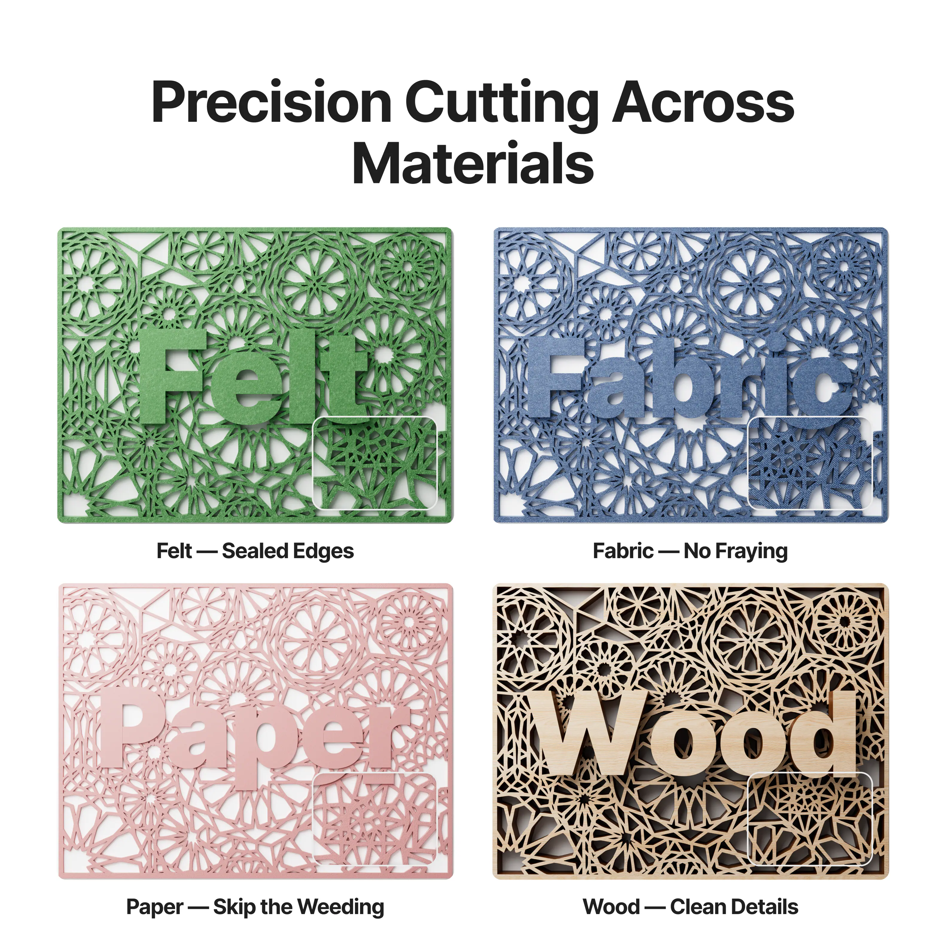 Precision Cutting Across Materials

Felt - Sealed Edges  
Fabric - No Fraying  
Paper - Skip the Weeding  
Wood - Clean Details